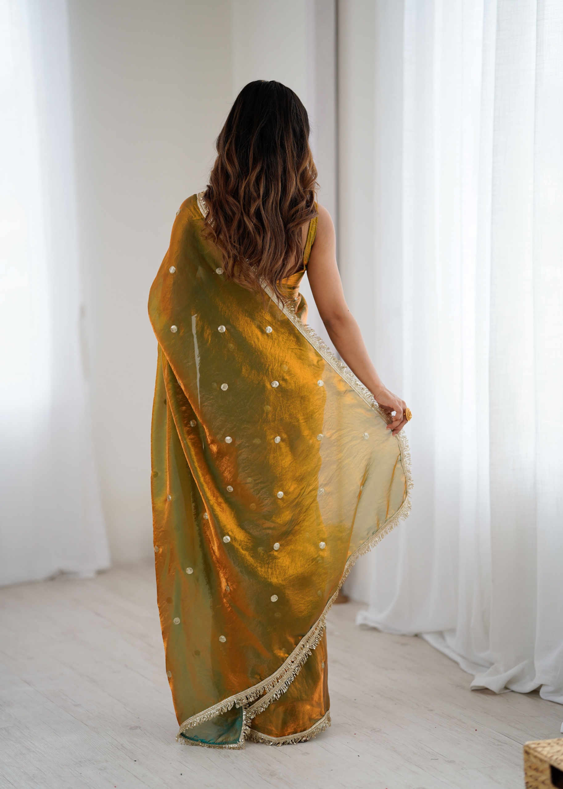 Gold Zari Sequin Fendy Satin Saree — alternate view