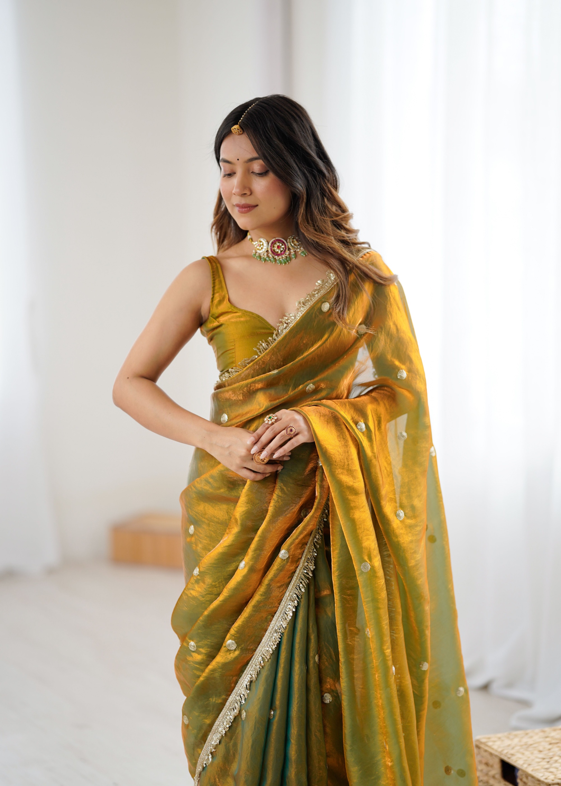 Gold Zari Sequin Fendy Satin Saree