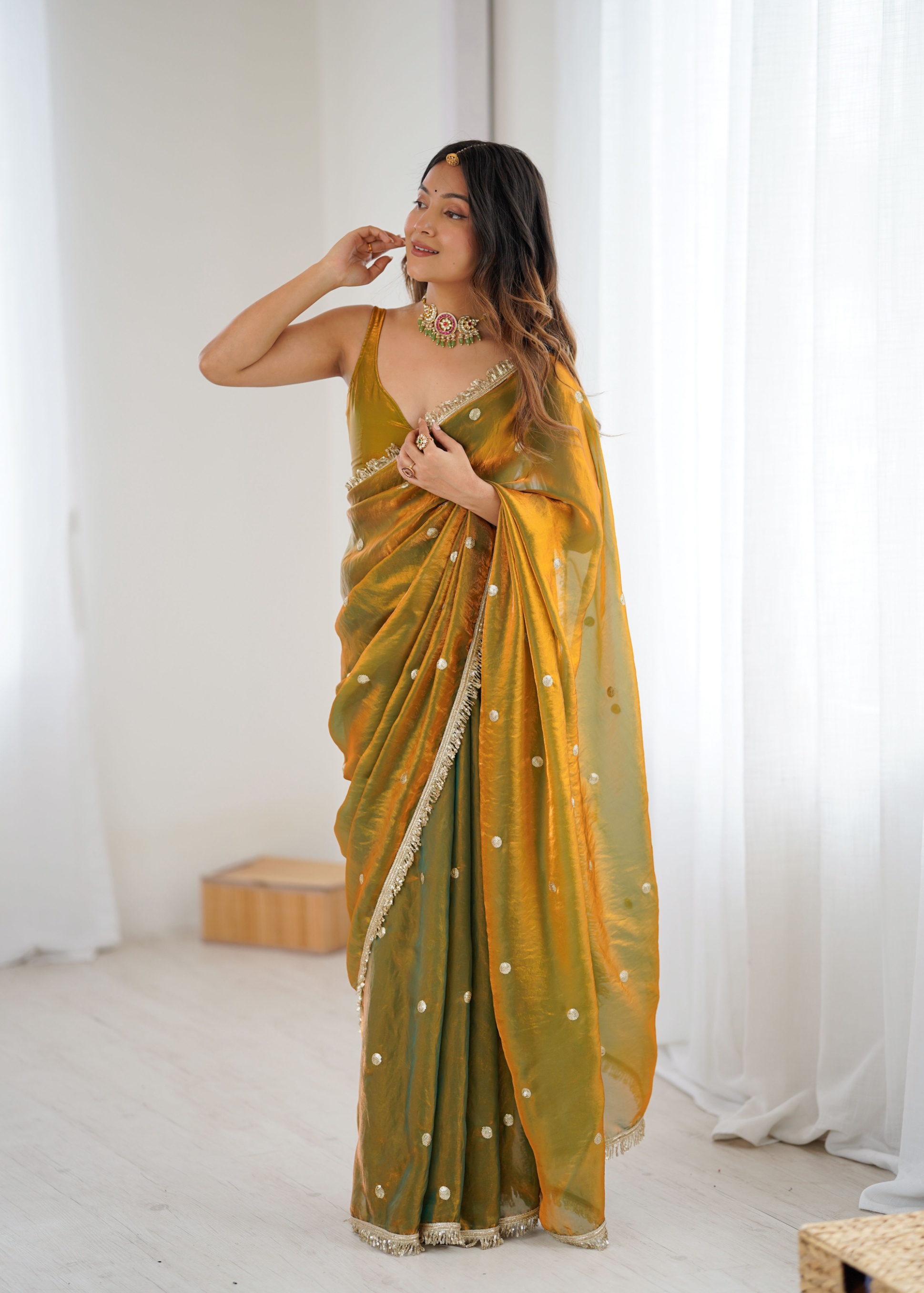 Gold Zari Sequin Fendy Satin Saree