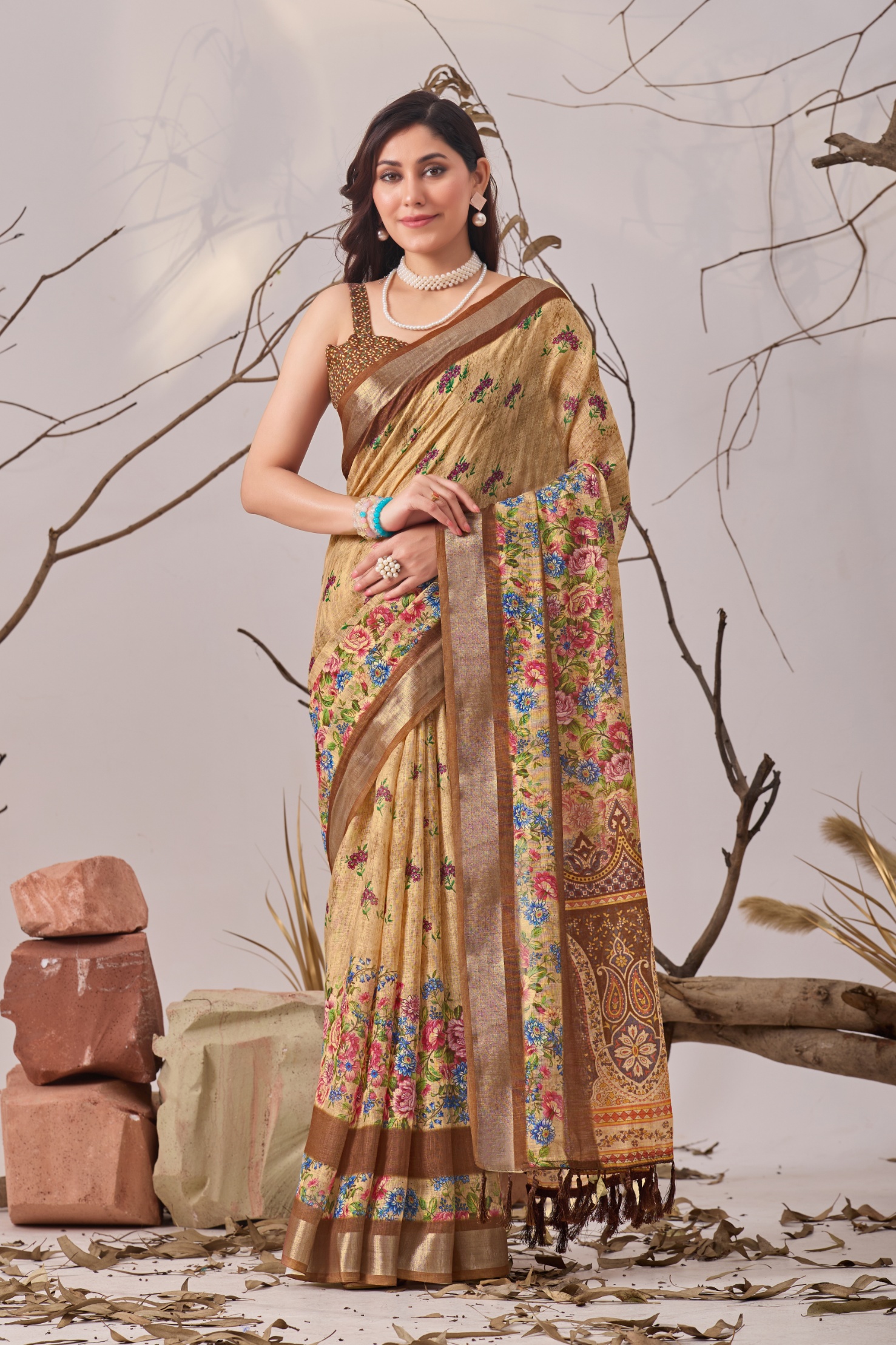 Golden Garden Linen Saree
