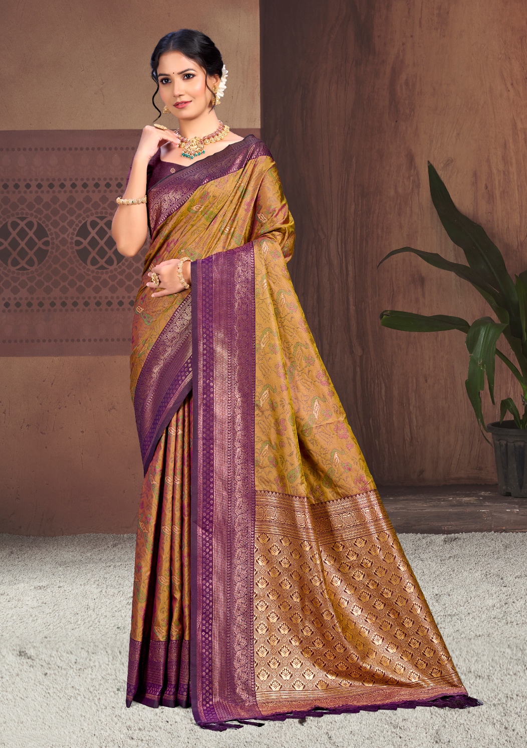 Golden Mustard Paisley Woven Soft Silk Saree