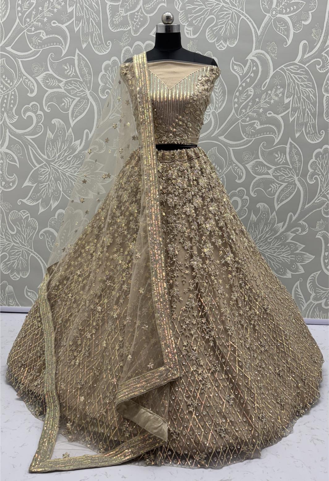 Golden Net Semi-Stitched Lehenga