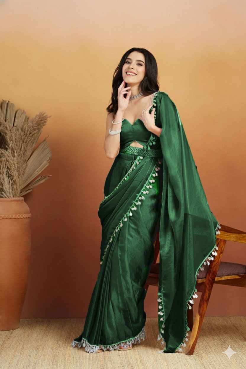Green Abstract Lace Ready To Wear Saree