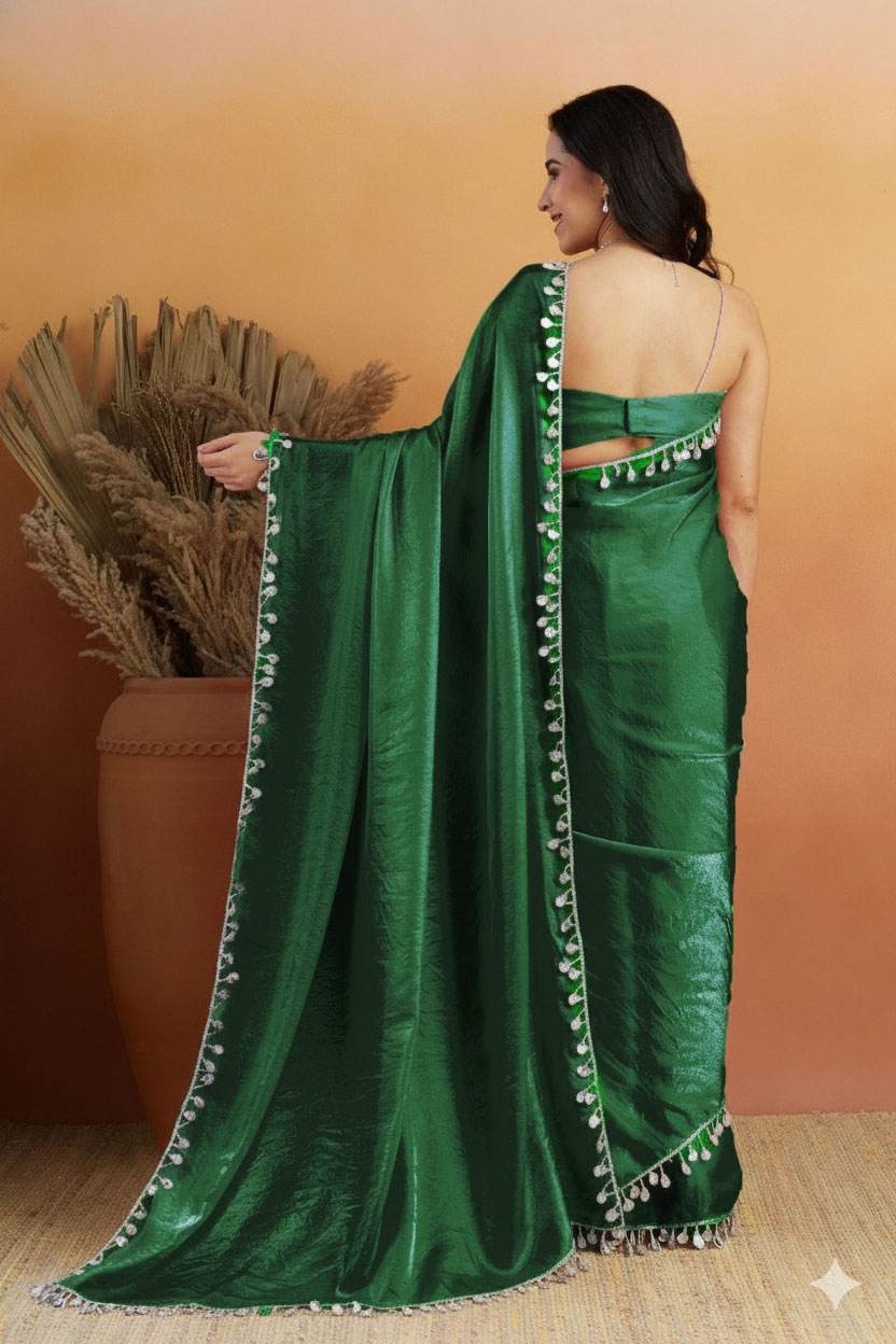 Green Abstract Lace Ready To Wear Saree — alternate view