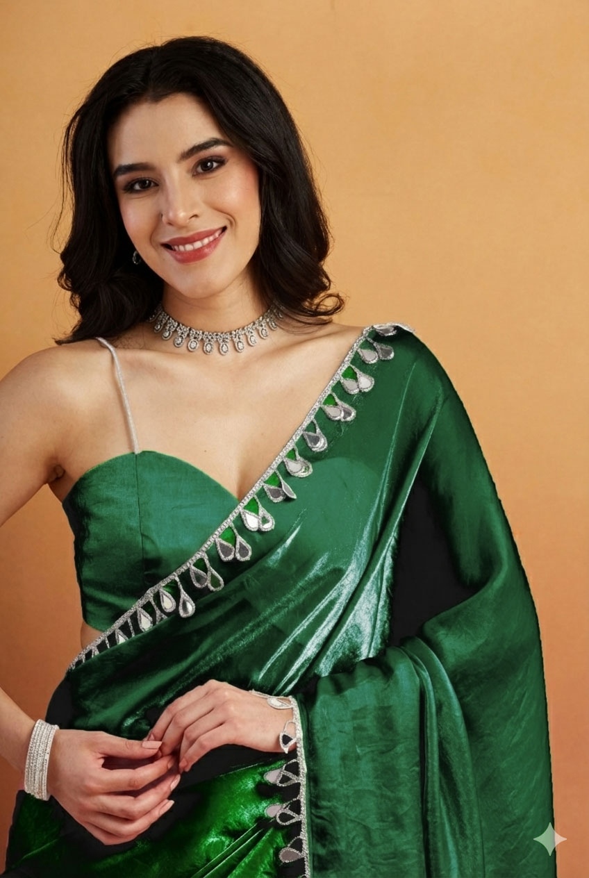 Green Abstract Lace Ready To Wear Saree