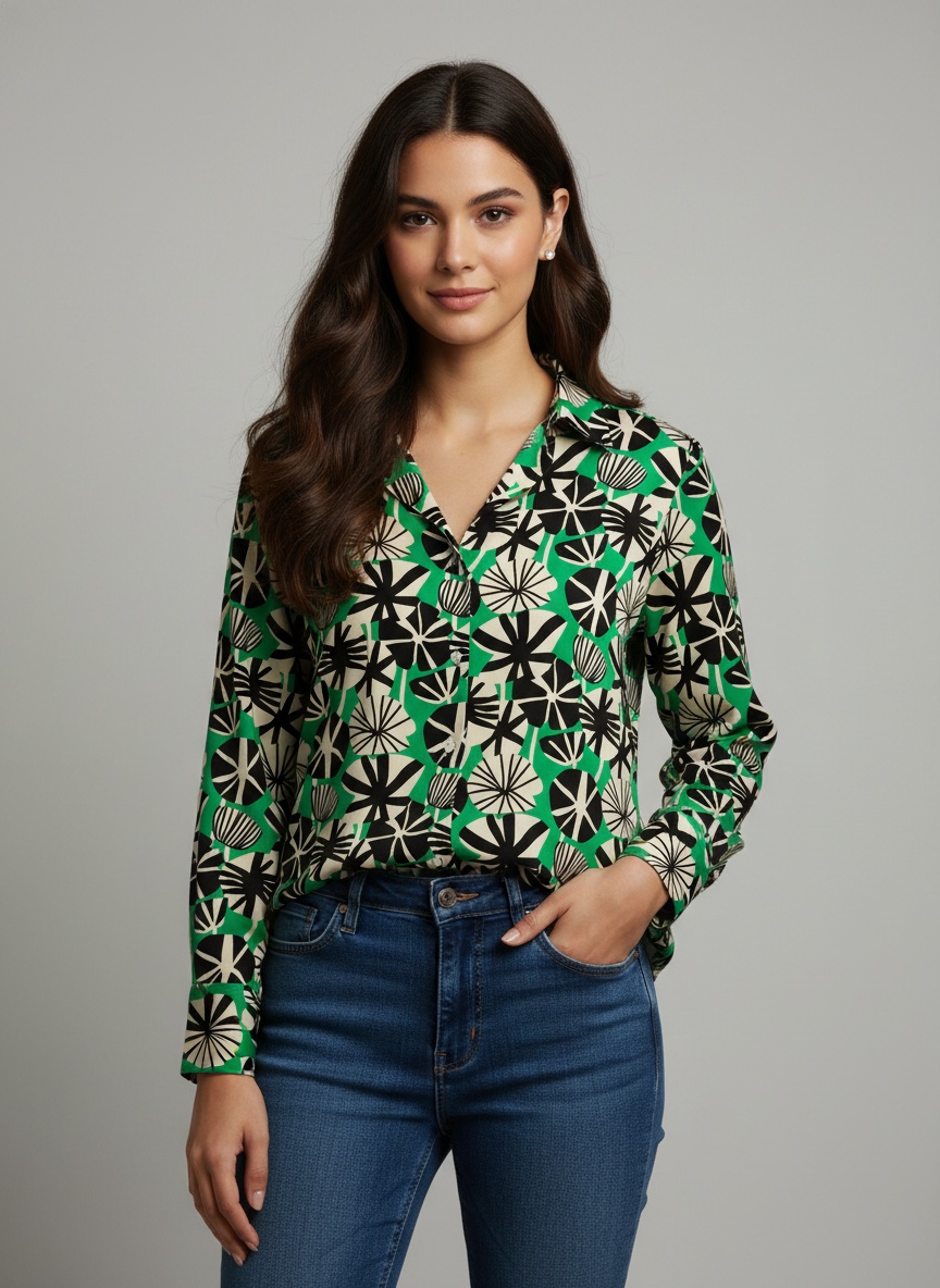 Green Abstract Printed Crepe Casual Shirt