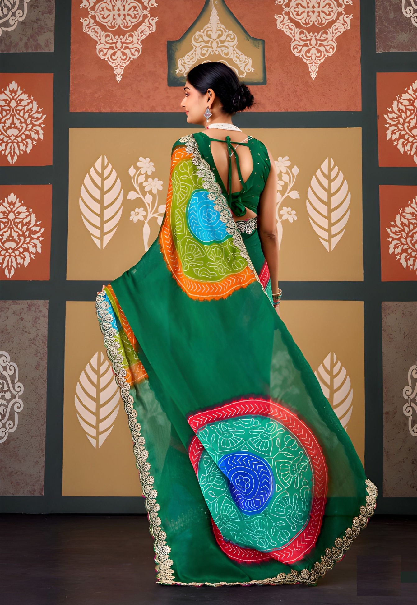 Green Abstract Printed Embroidered Chiffon Saree — alternate view