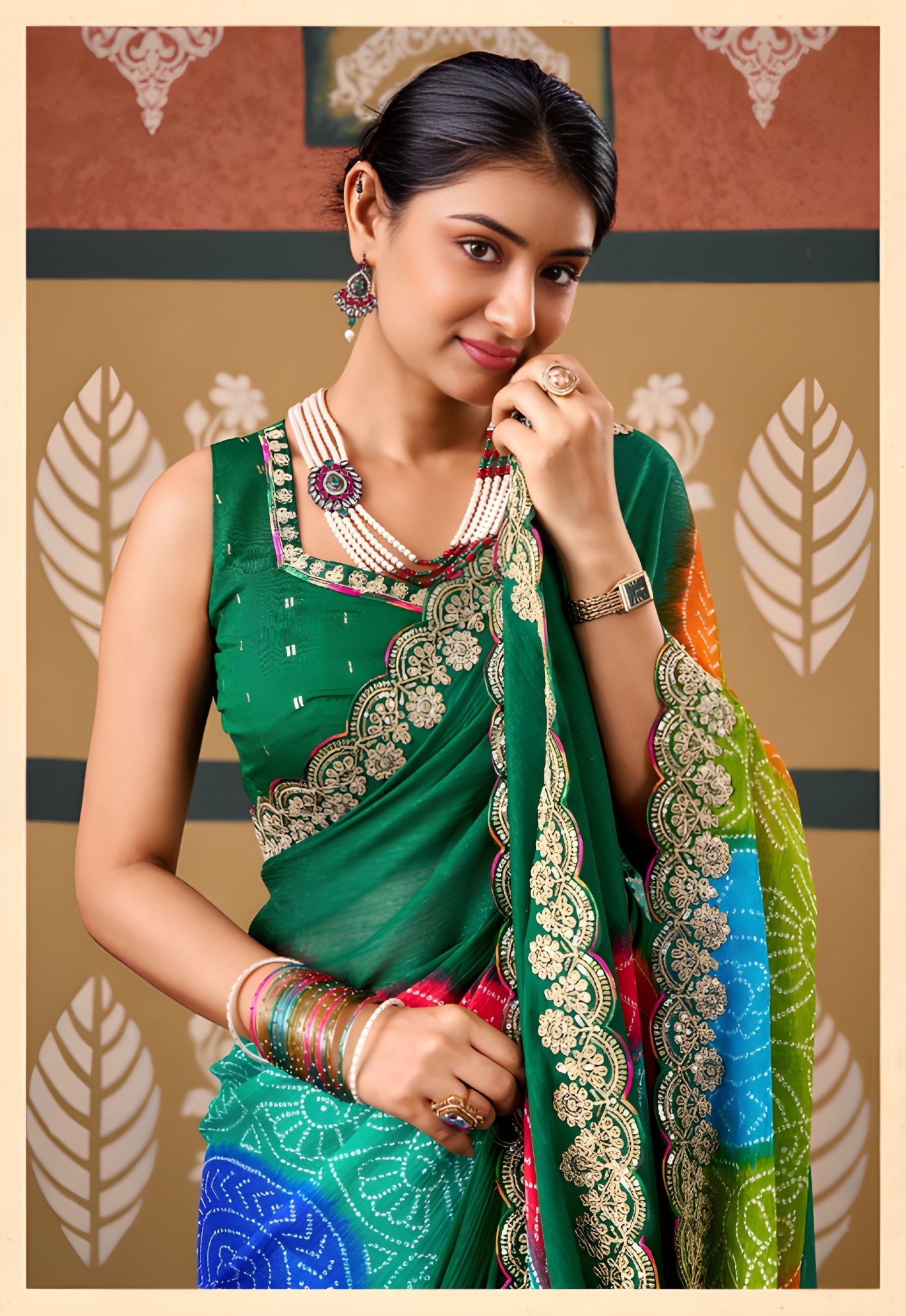 Green Abstract Printed Embroidered Chiffon Saree