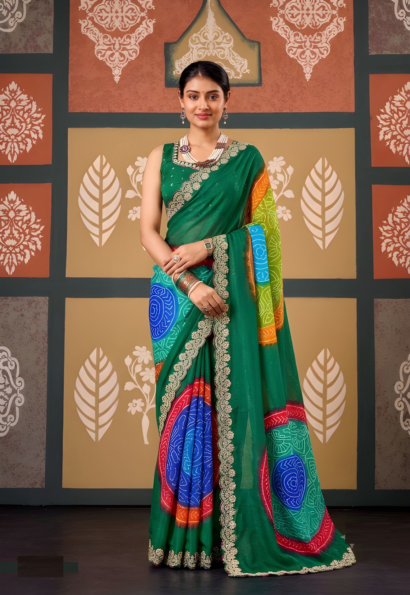 Green Abstract Printed Embroidered Chiffon Saree