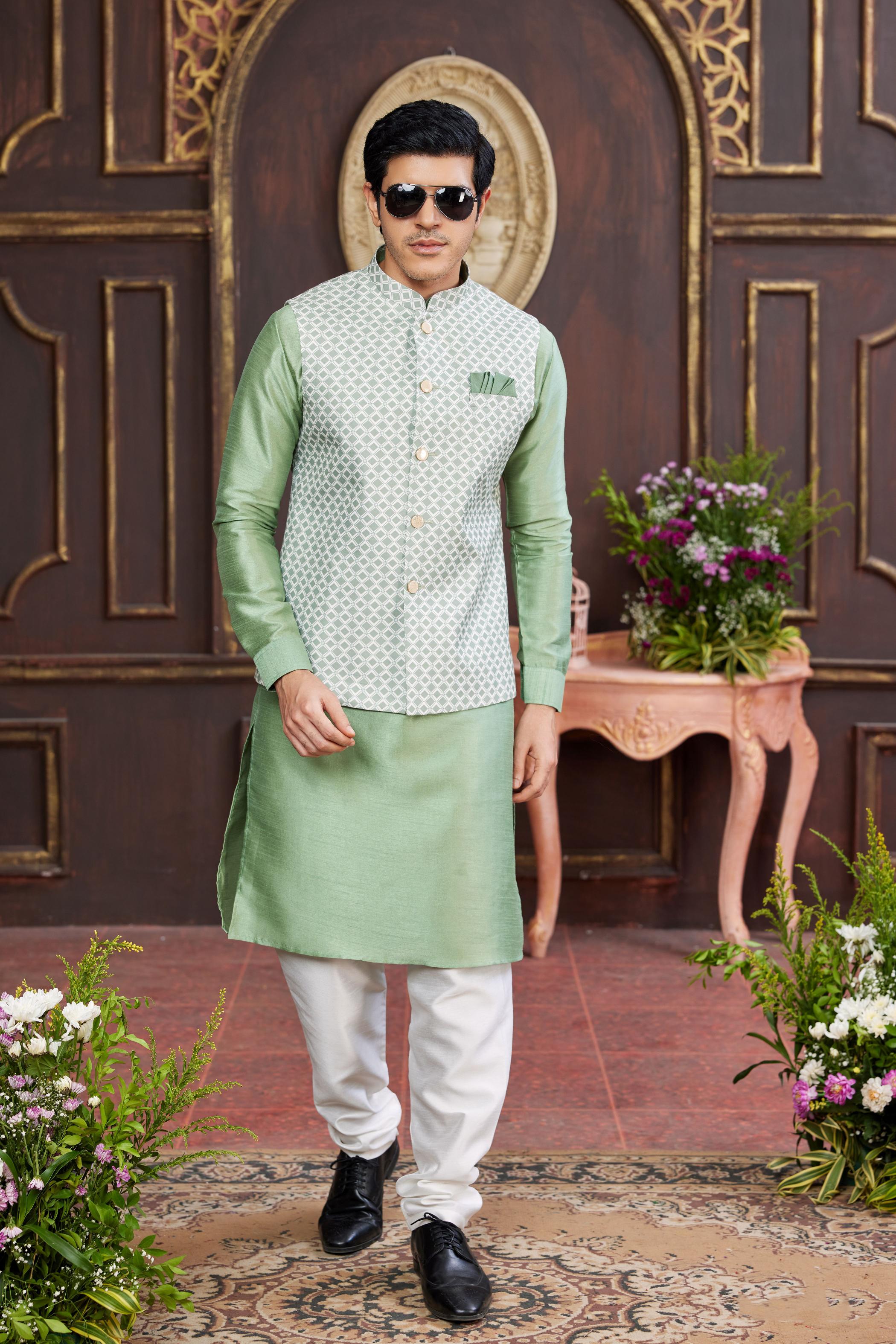Green Art Silk Jacket Kurta Payjama
