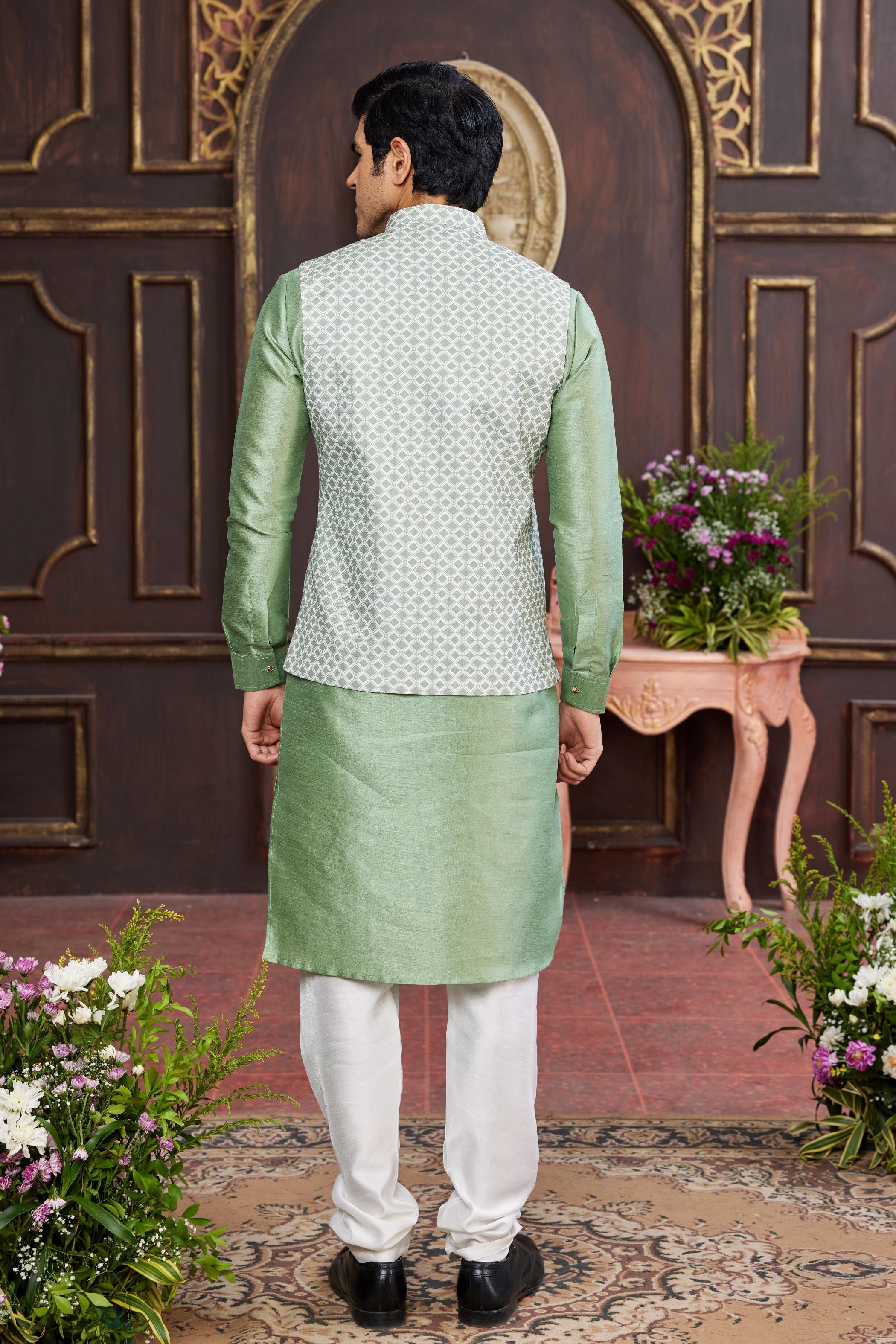 Green Art Silk Jacket Kurta Payjama — alternate view