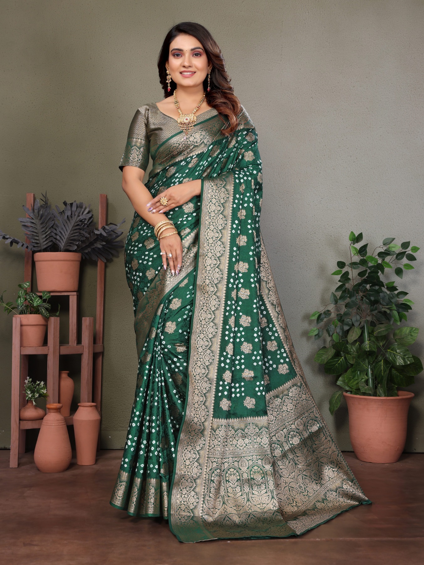 Green Bandhani Jacquard Work Satin Silk Saree