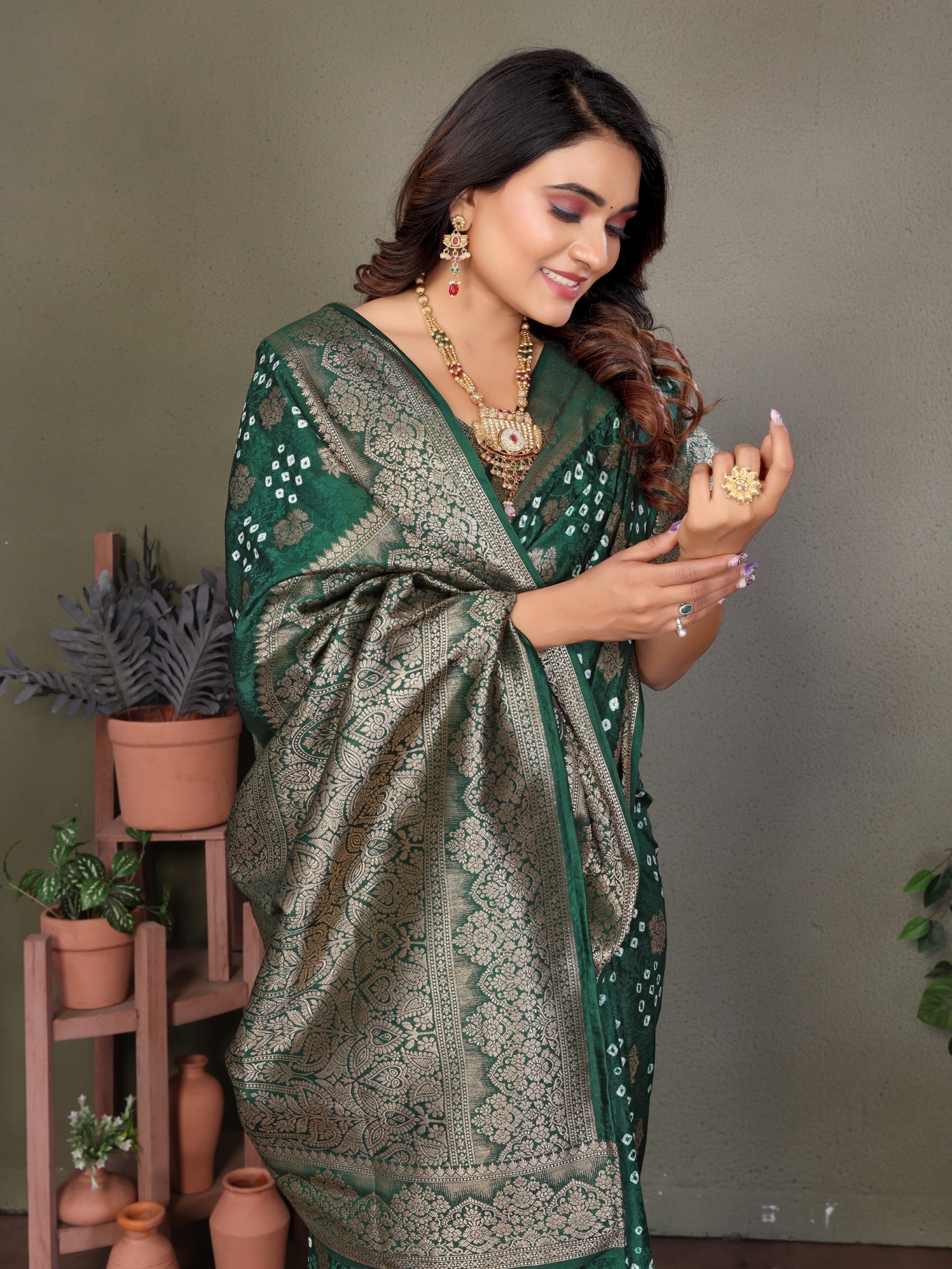 Green Bandhani Jacquard Work Satin Silk Saree