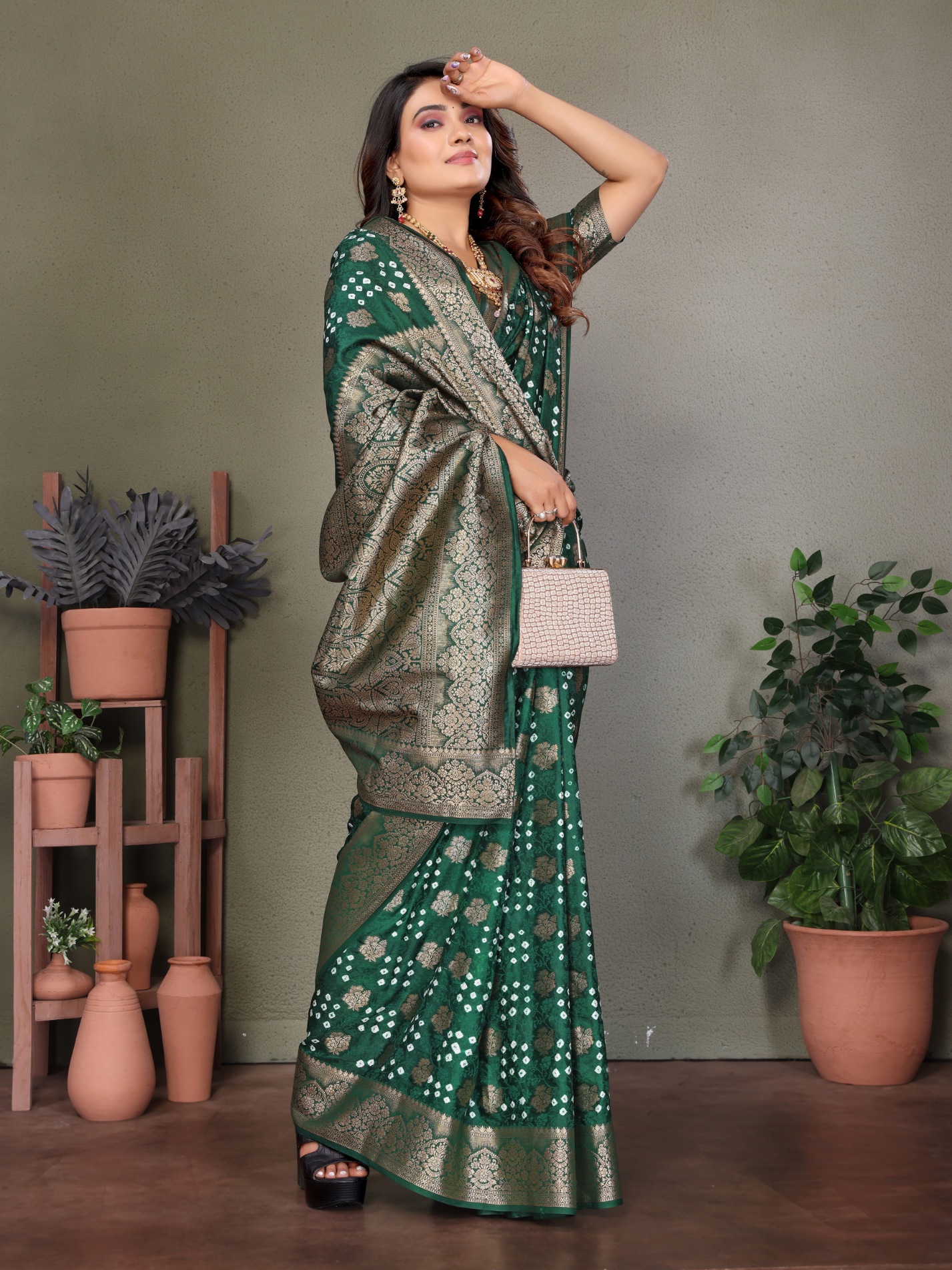 Green Bandhani Jacquard Work Satin Silk Saree