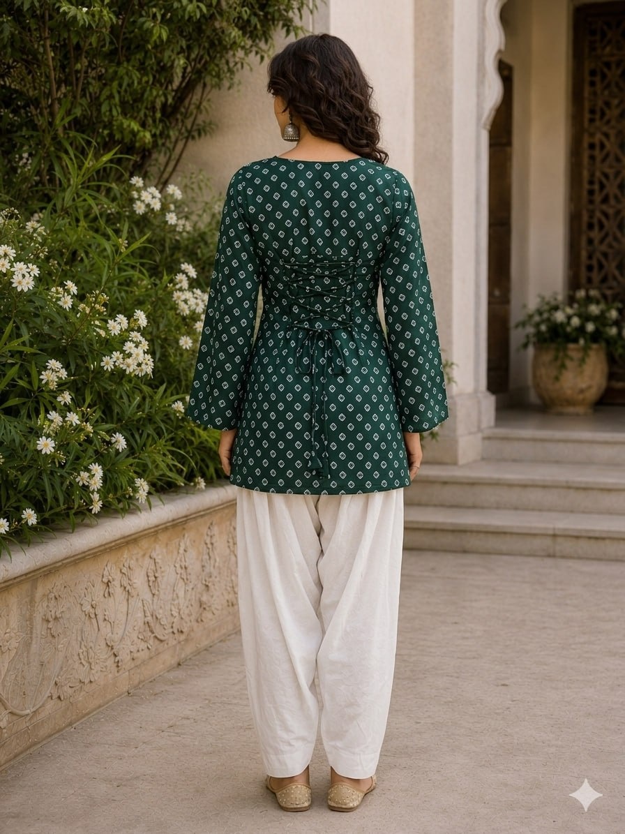 Green Bandhani Printed Cotton Short Top Bottom Set — alternate view