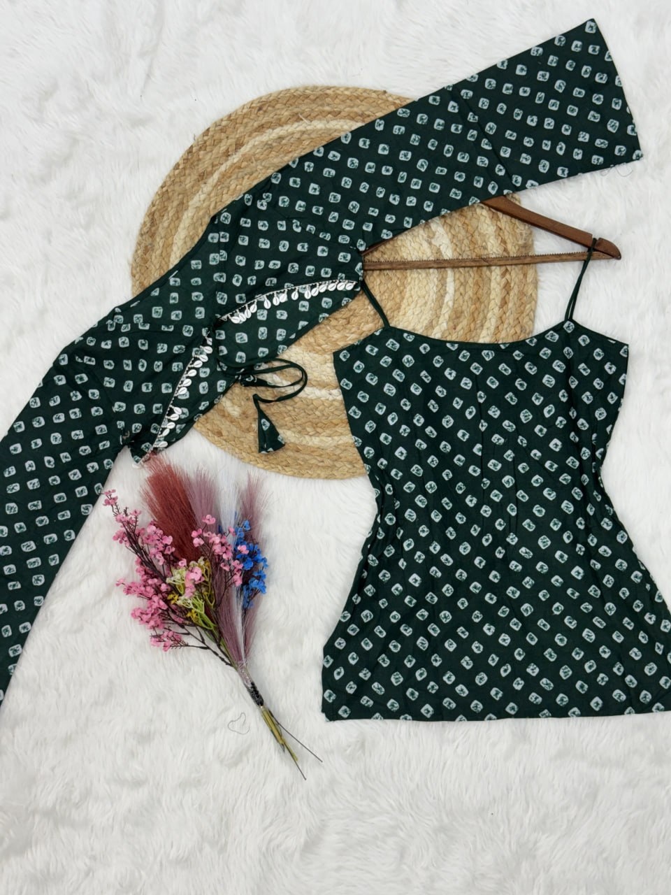 Green Bandhani Printed Cotton Short Top Bottom Set