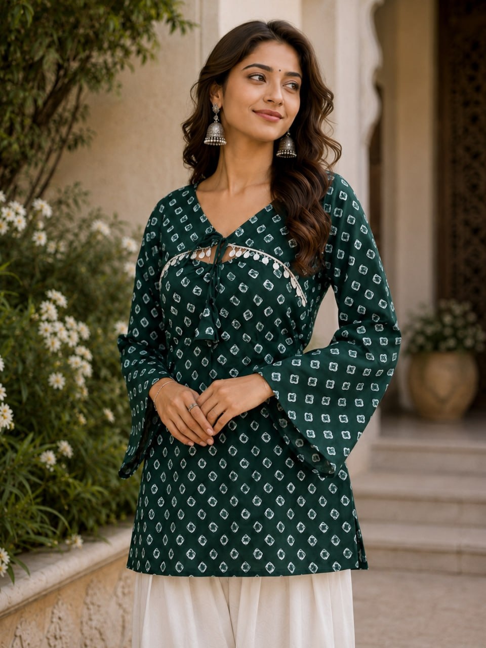 Green Bandhani Printed Cotton Short Top Bottom Set