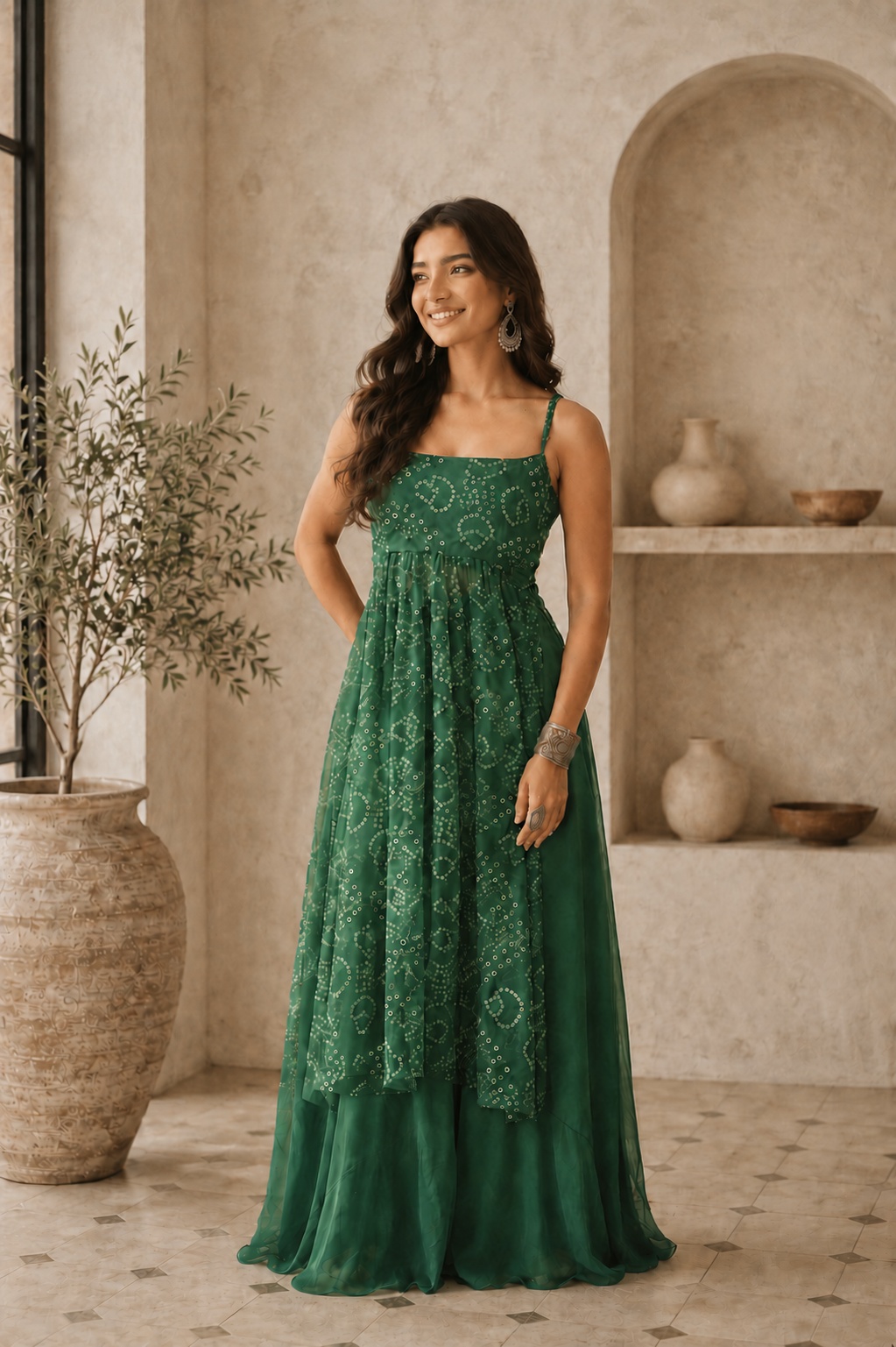 Green Bandhani Printed Faux Georgette Co-Ord Set