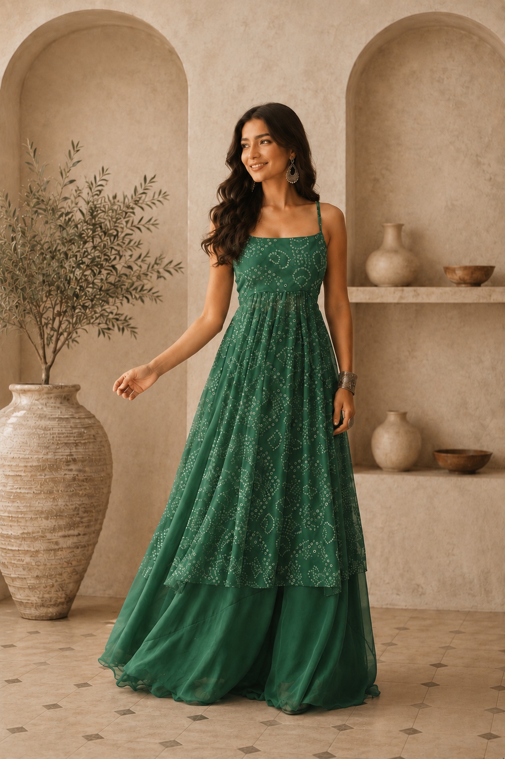 Green Bandhani Printed Faux Georgette Co-Ord Set