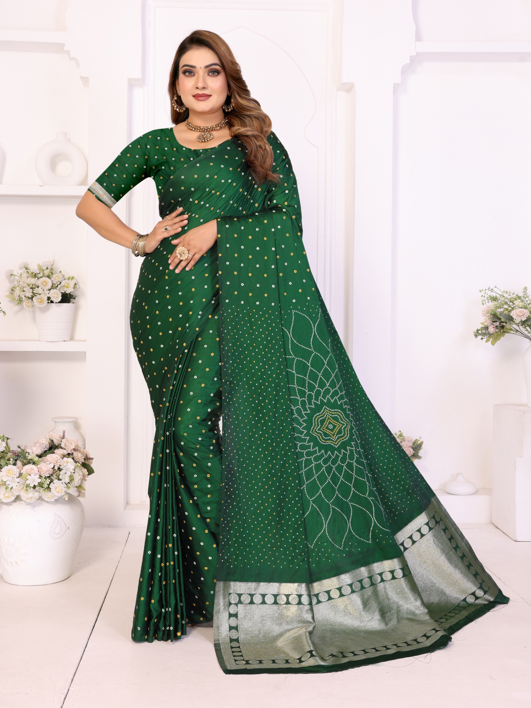 Green Bandhej Weaving Satin Silk Saree