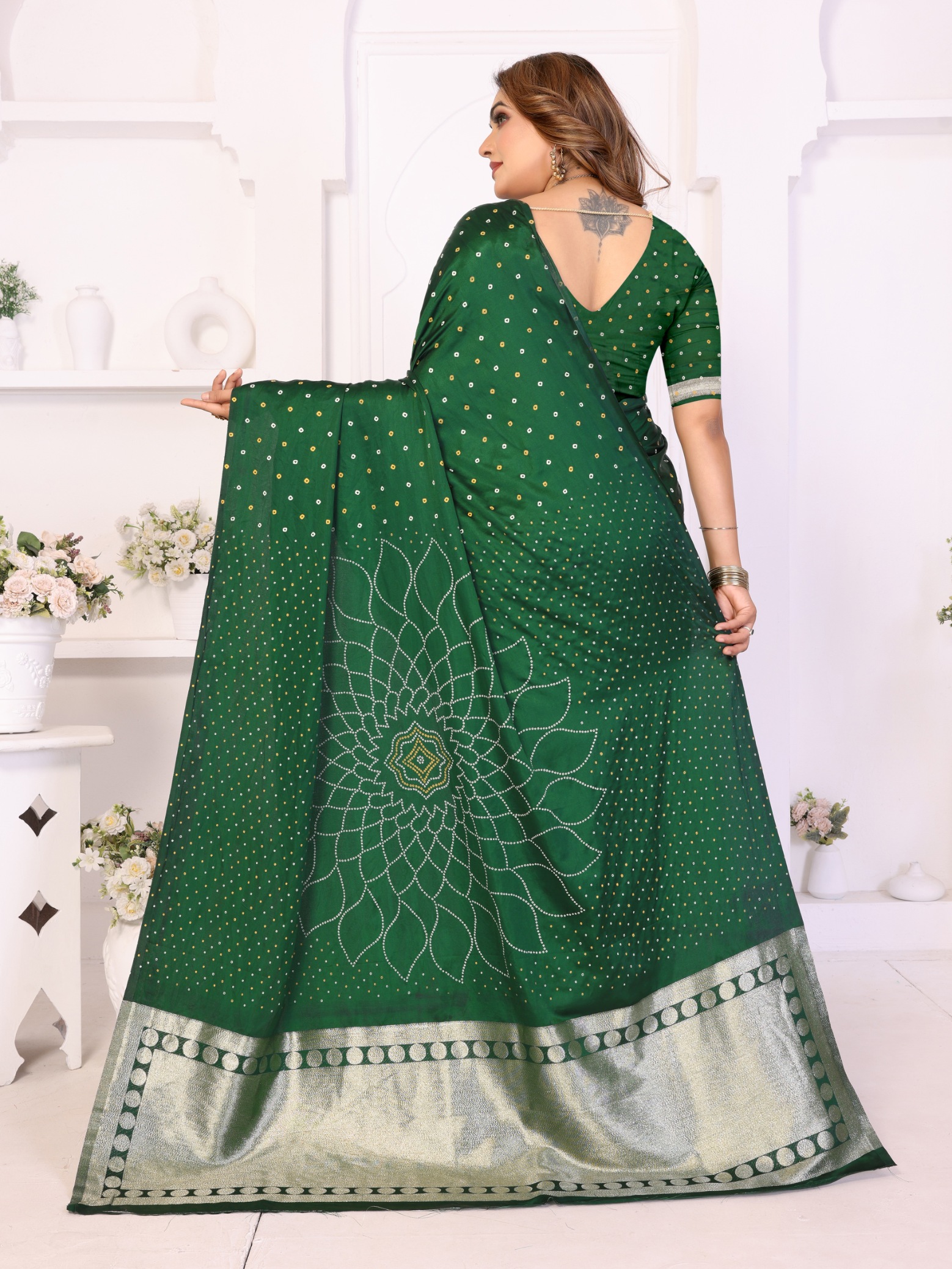 Green Bandhej Weaving Satin Silk Saree — alternate view