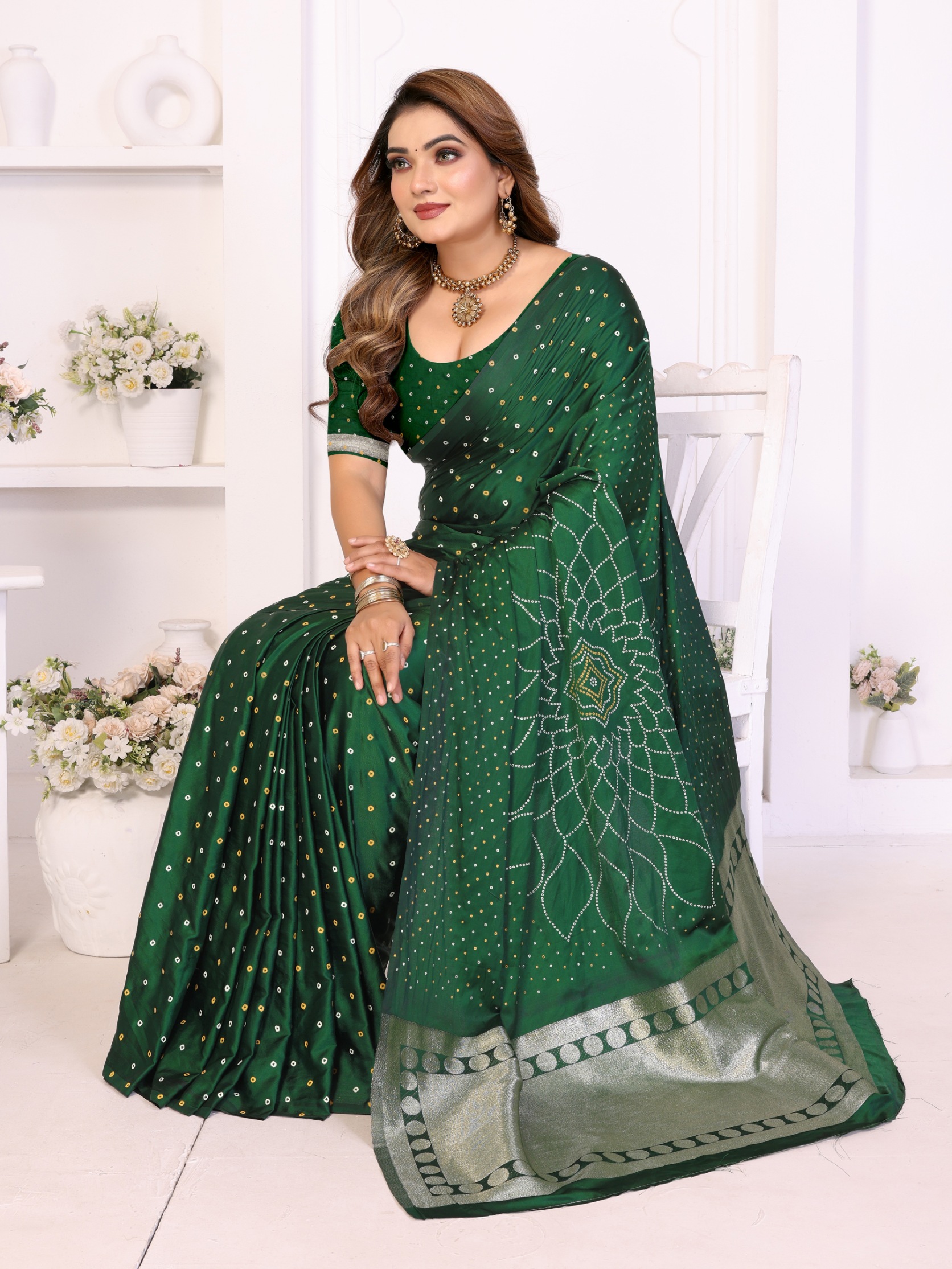 Green Bandhej Weaving Satin Silk Saree