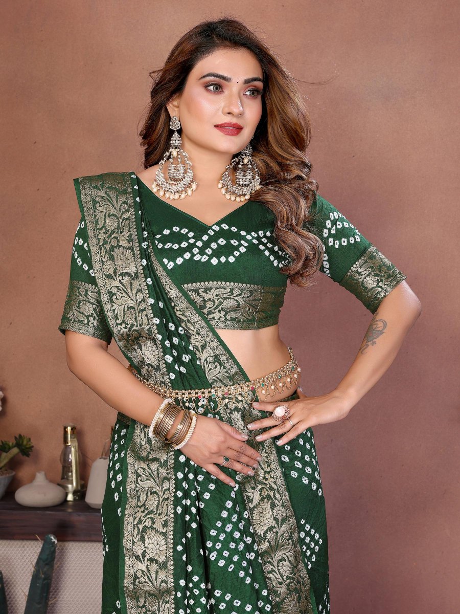 Green Bandhej Woven Dola Silk Saree
