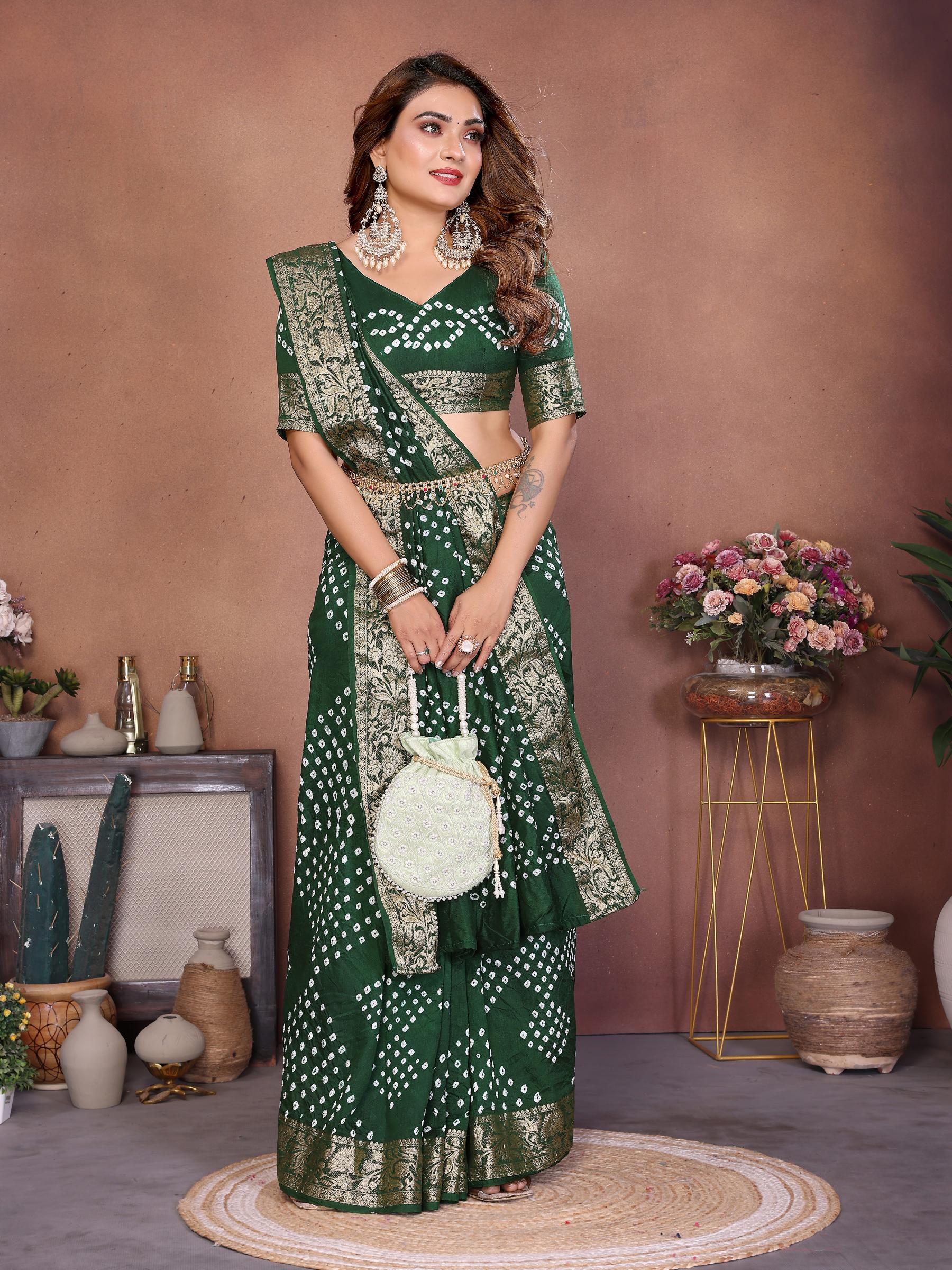 Green Bandhej Woven Dola Silk Saree