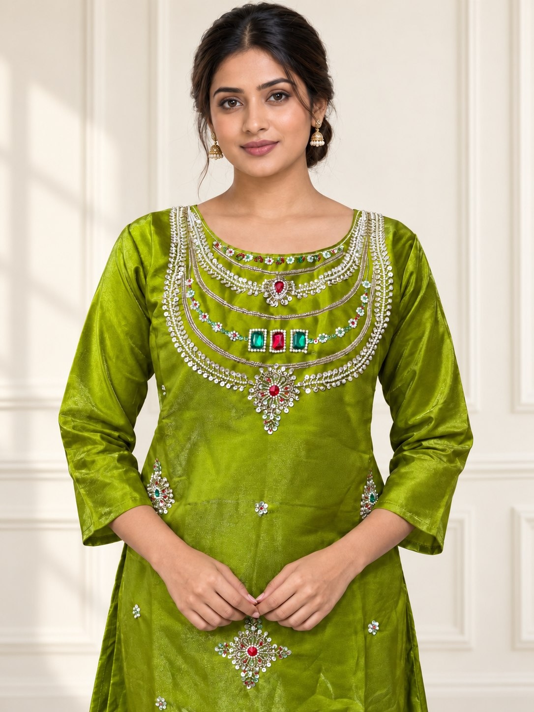 Green Beaded Glass Silk Palazzo Suit — alternate view