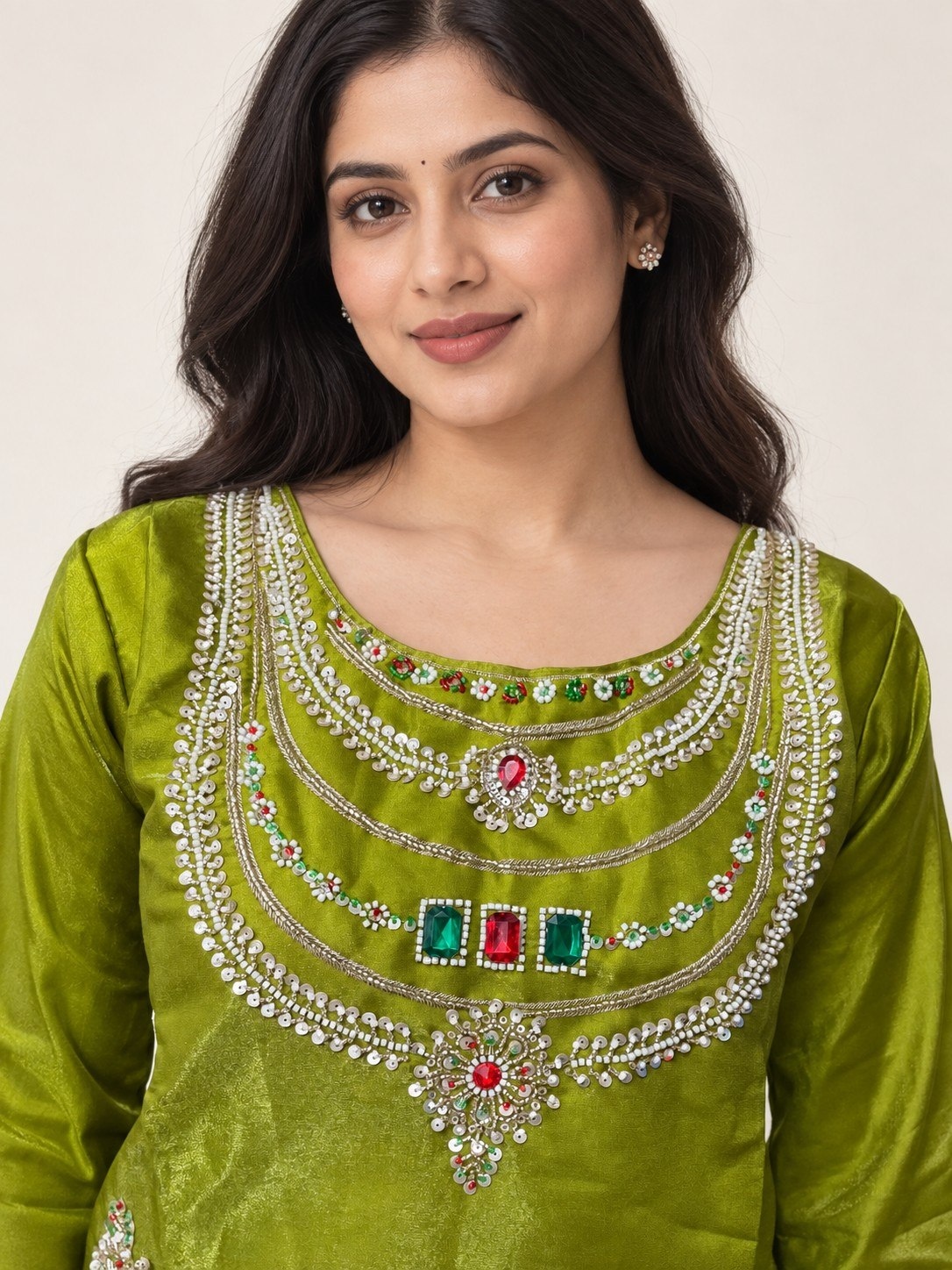 Green Beaded Glass Silk Palazzo Suit