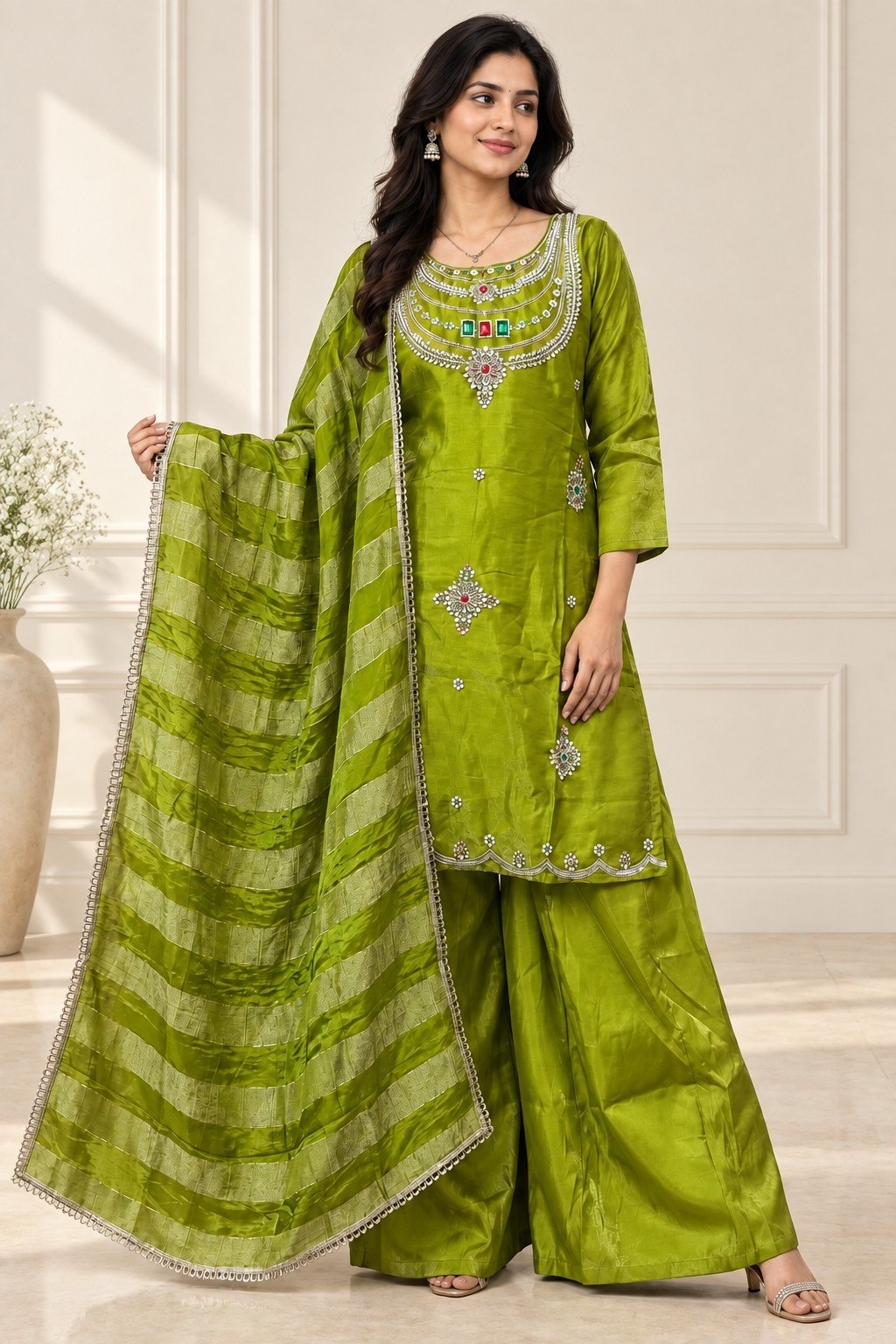 Green Beaded Glass Silk Palazzo Suit