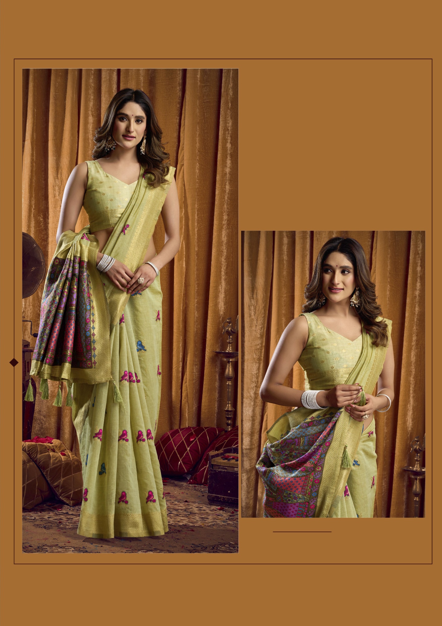 Green Bird Motif Woven Katha Khadi Cotton Saree — alternate view