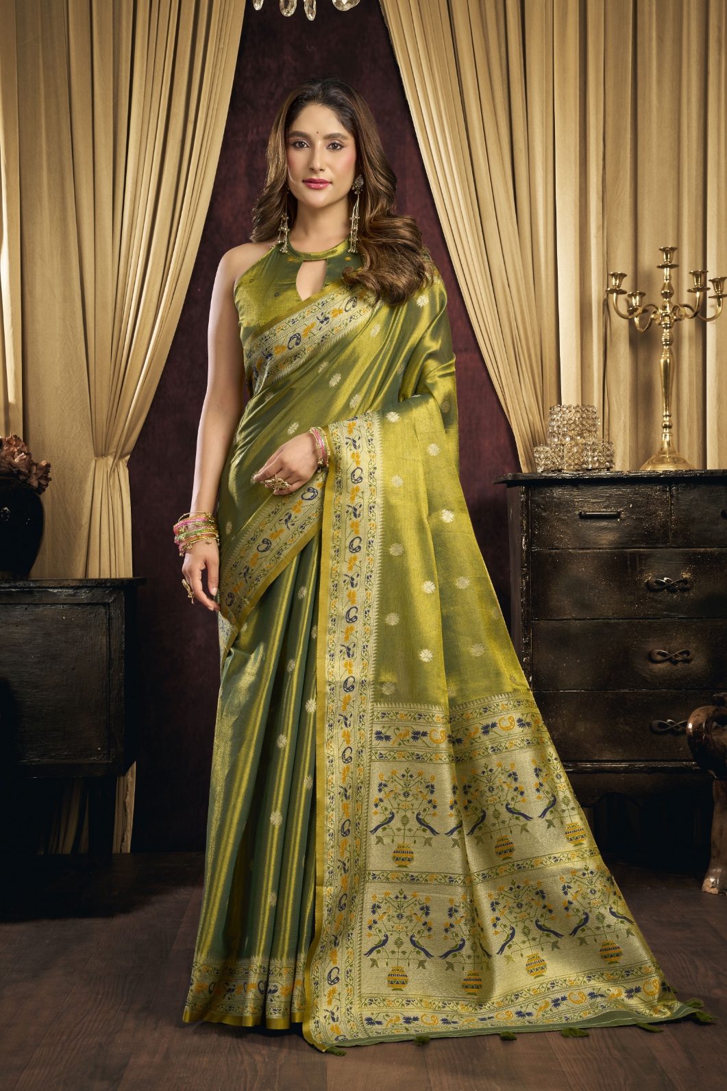 Green Bird Motif Woven Tissue Silk Saree