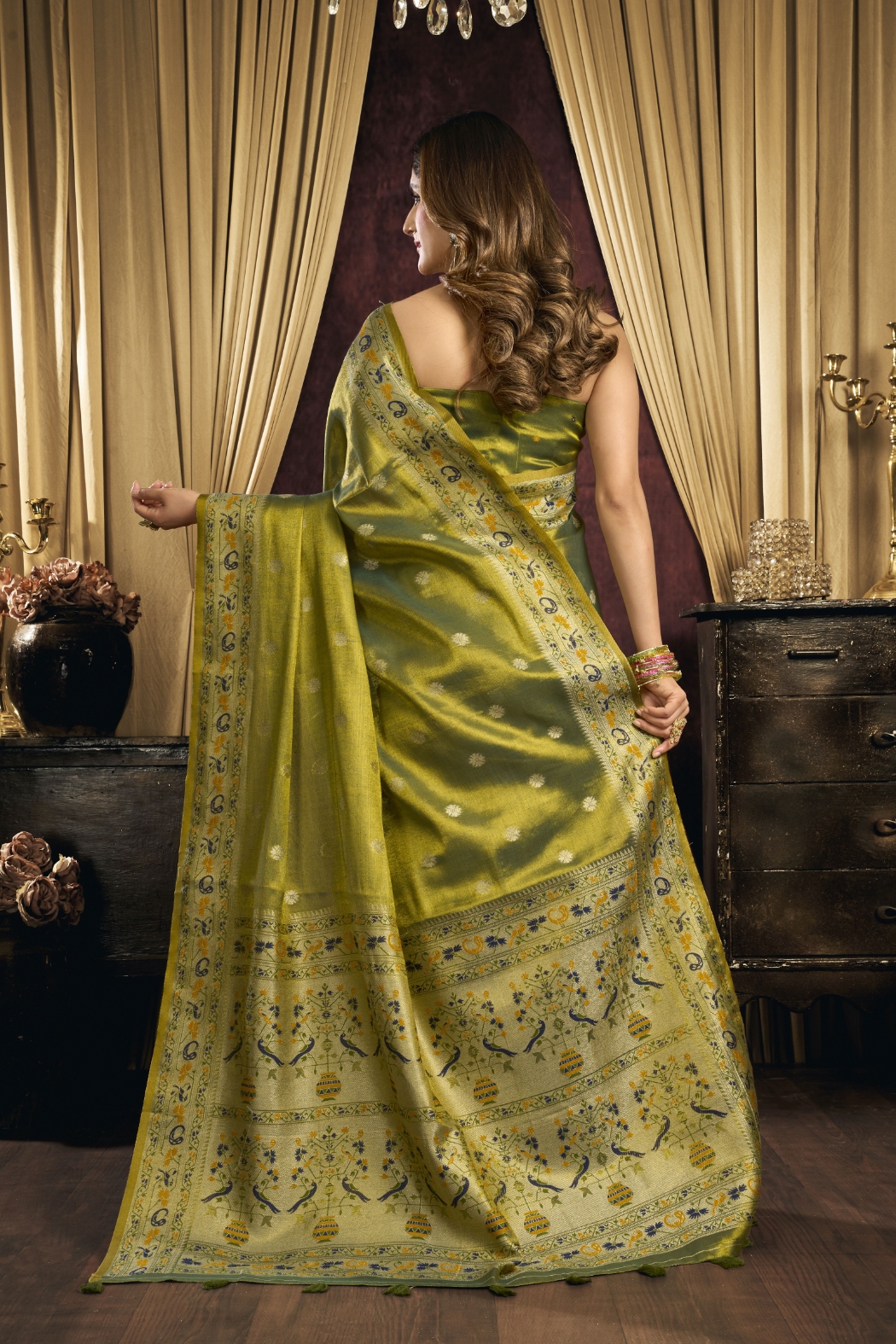 Green Bird Motif Woven Tissue Silk Saree — alternate view