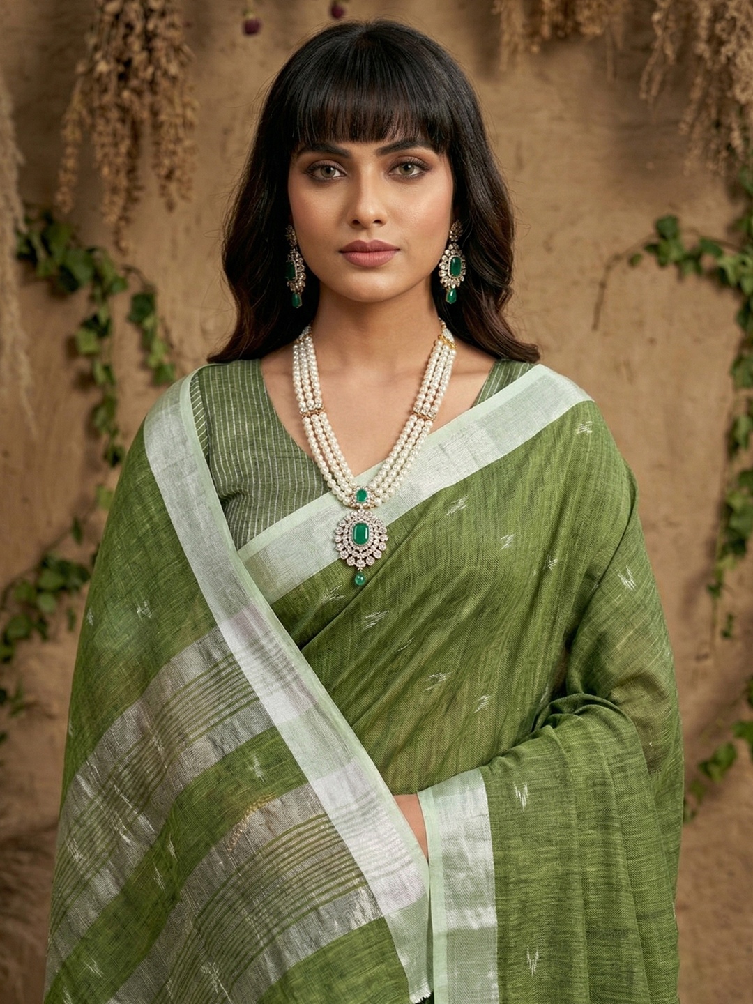 Green Border Embroidery Linen Saree