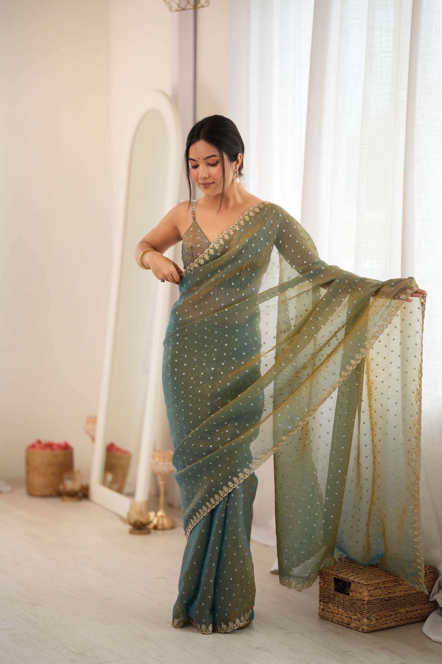 Green Butti Embroidery Moss Butti Saree