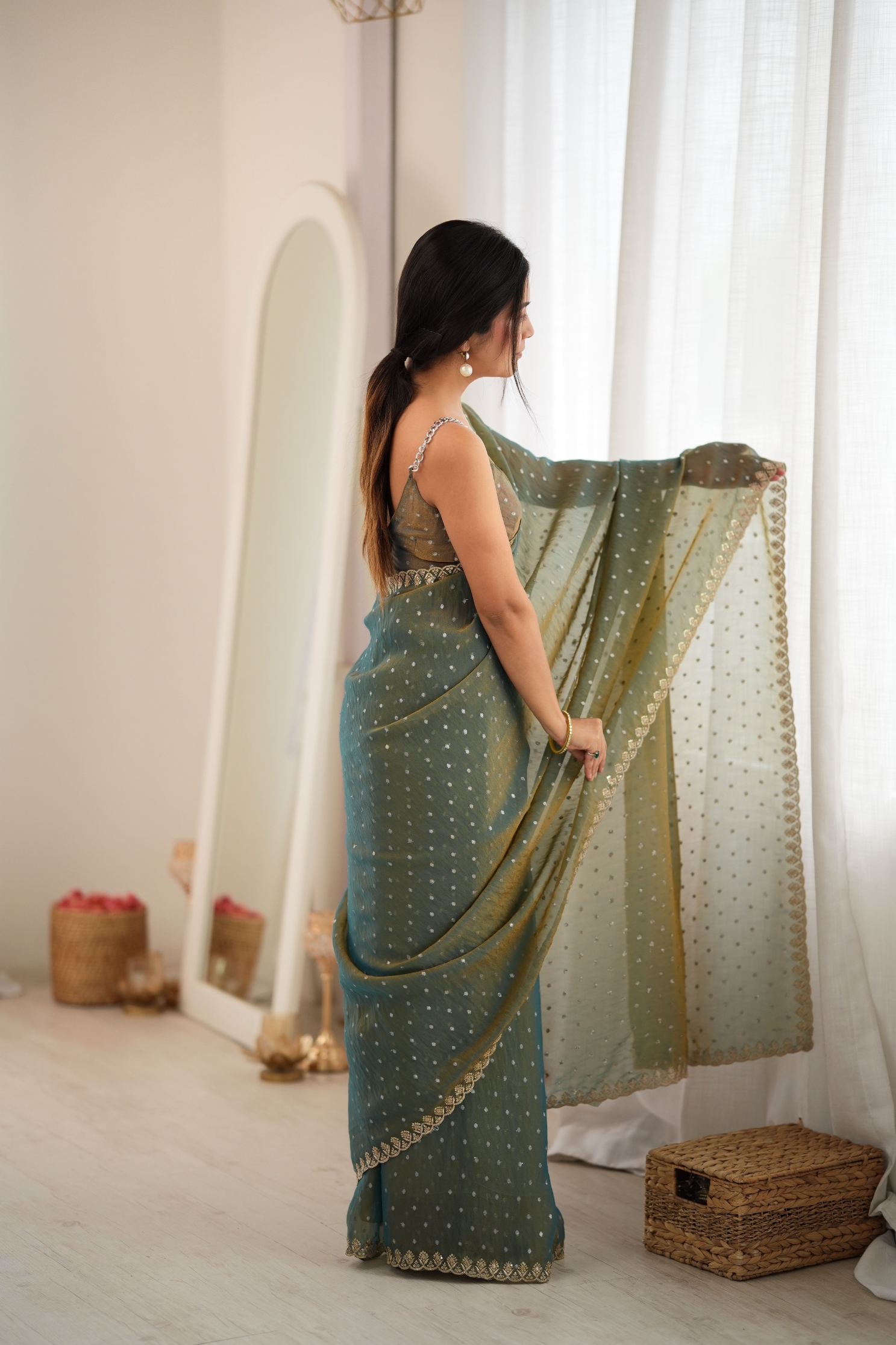 Green Butti Embroidery Moss Butti Saree — alternate view