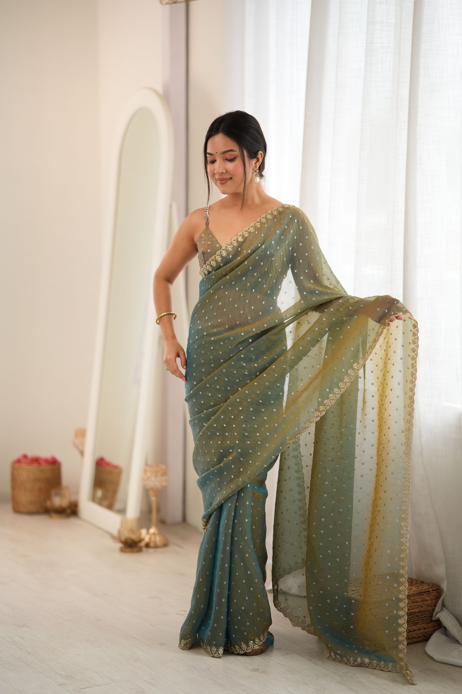 Green Butti Embroidery Moss Butti Saree