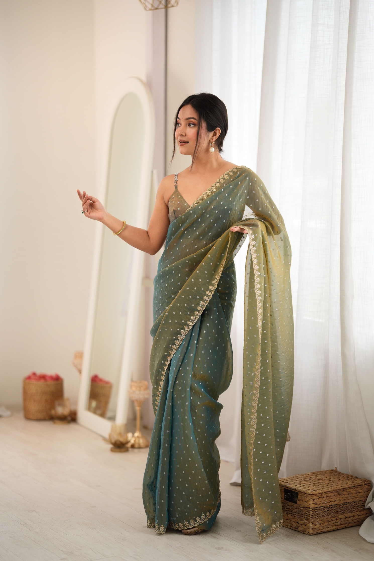 Green Butti Embroidery Moss Butti Saree