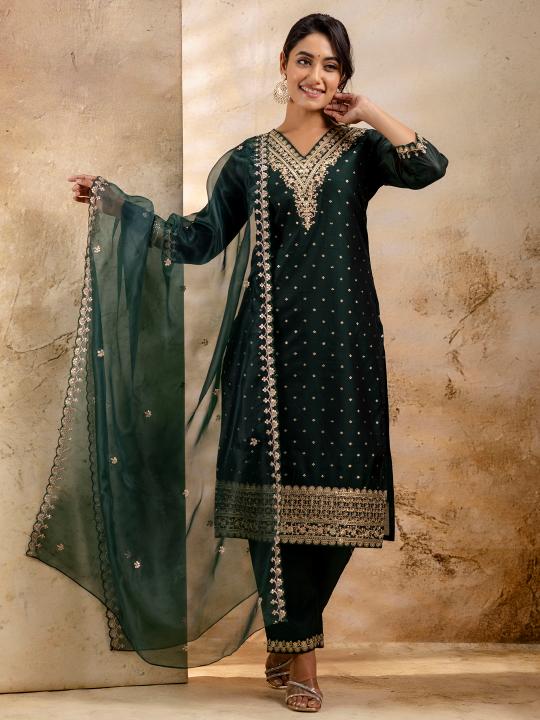 Green Chanderi Silk Readymade Suit with Organza Dupatta