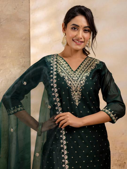 Green Chanderi Silk Readymade Suit with Organza Dupatta