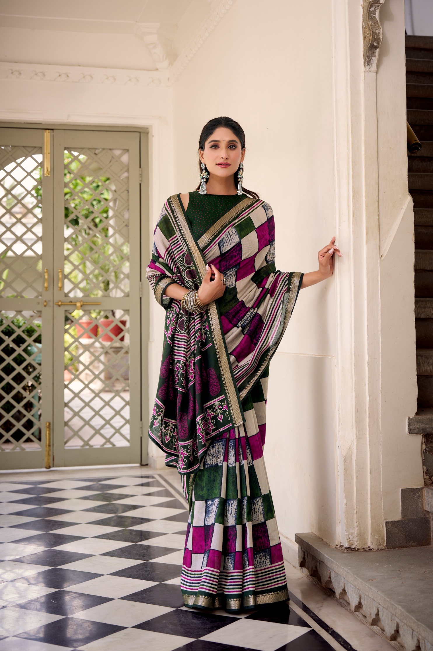 Green Checked Woven Chanderi Saree
