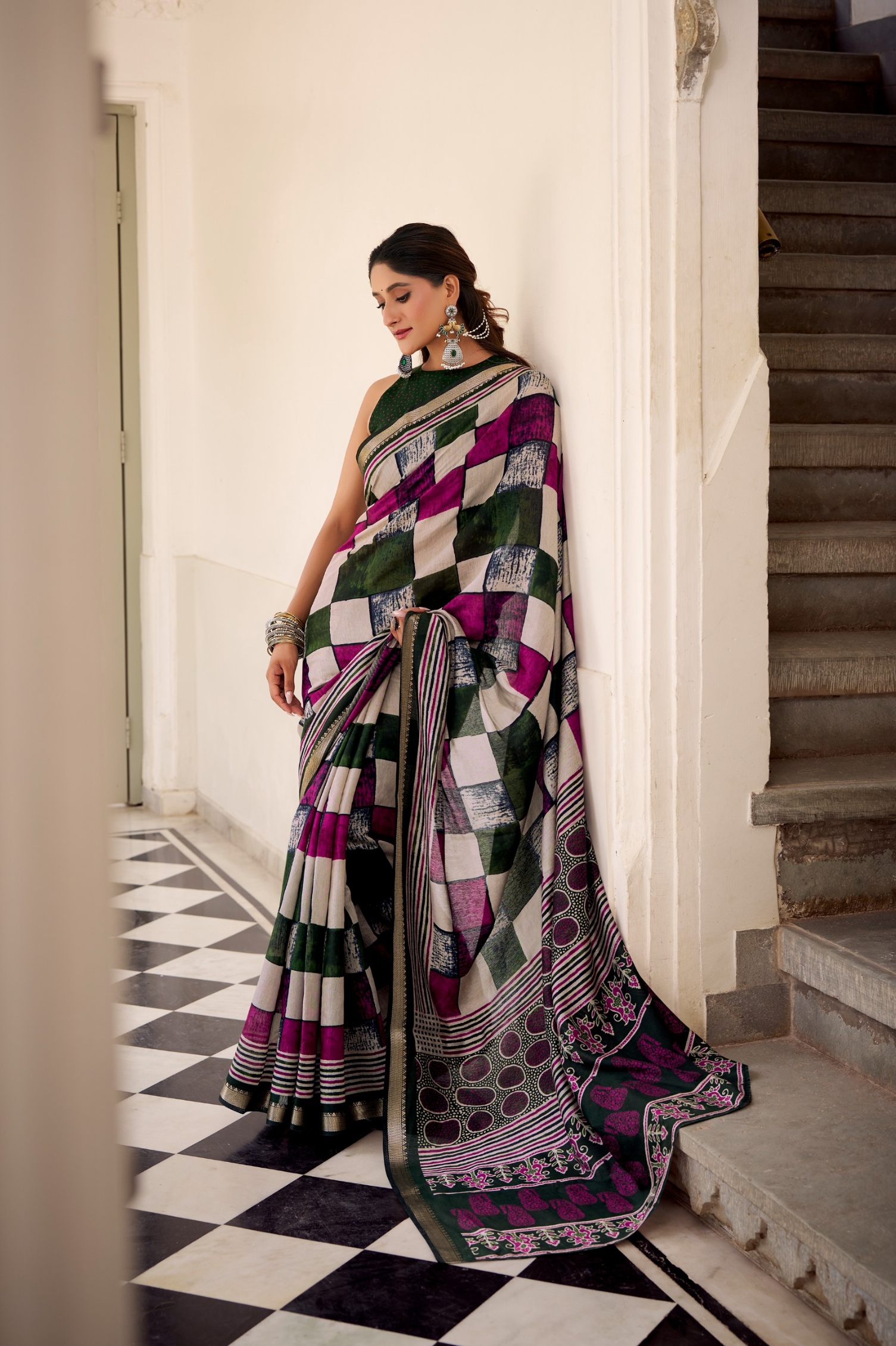 Green Checked Woven Chanderi Saree — alternate view