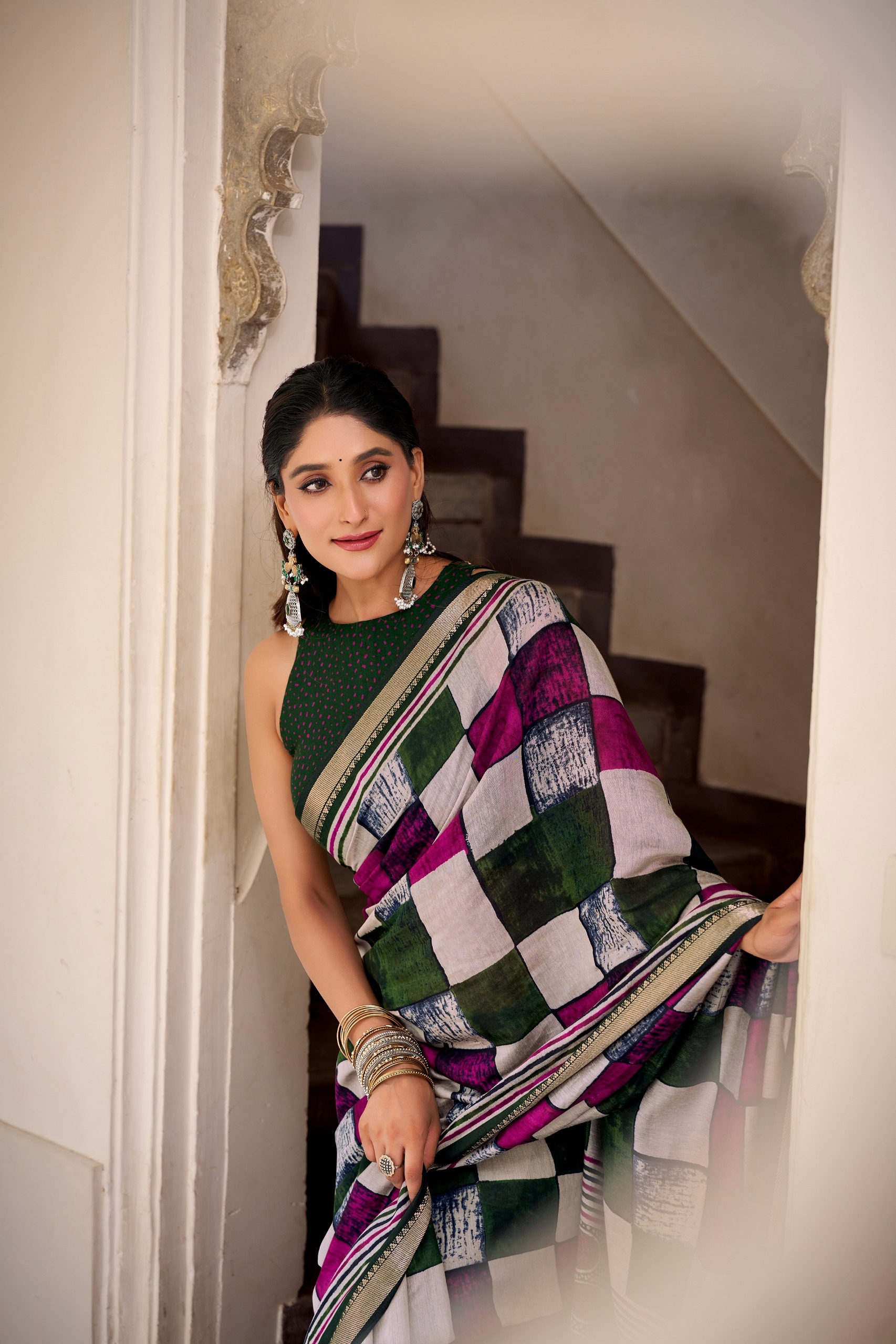 Green Checked Woven Chanderi Saree