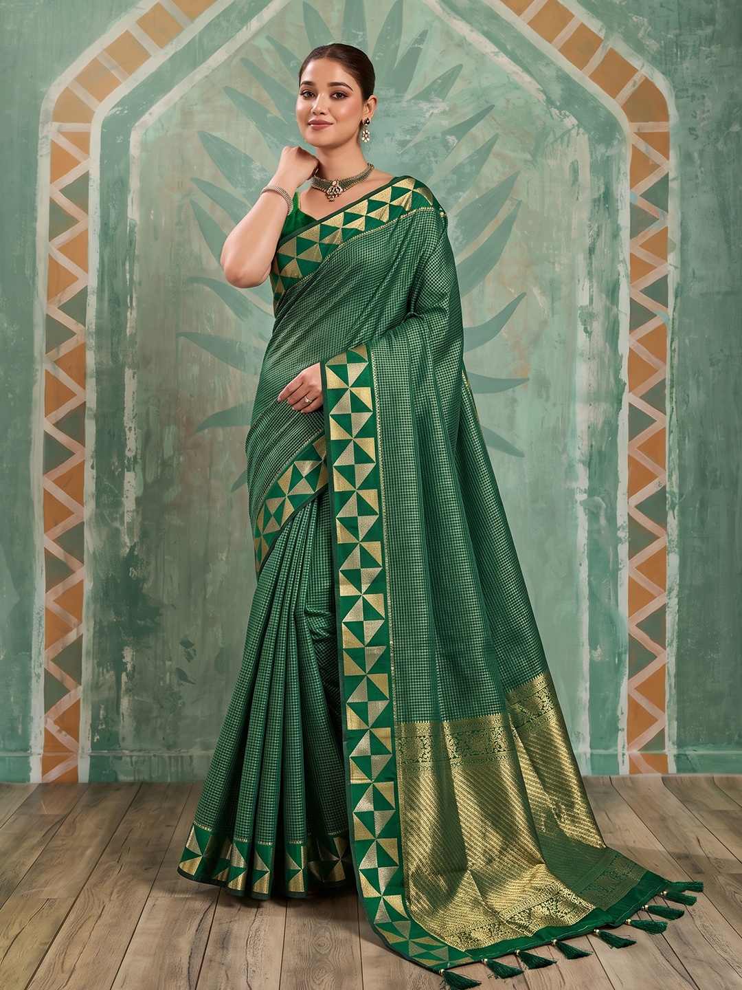 Green Checked Zari Art Silk Saree