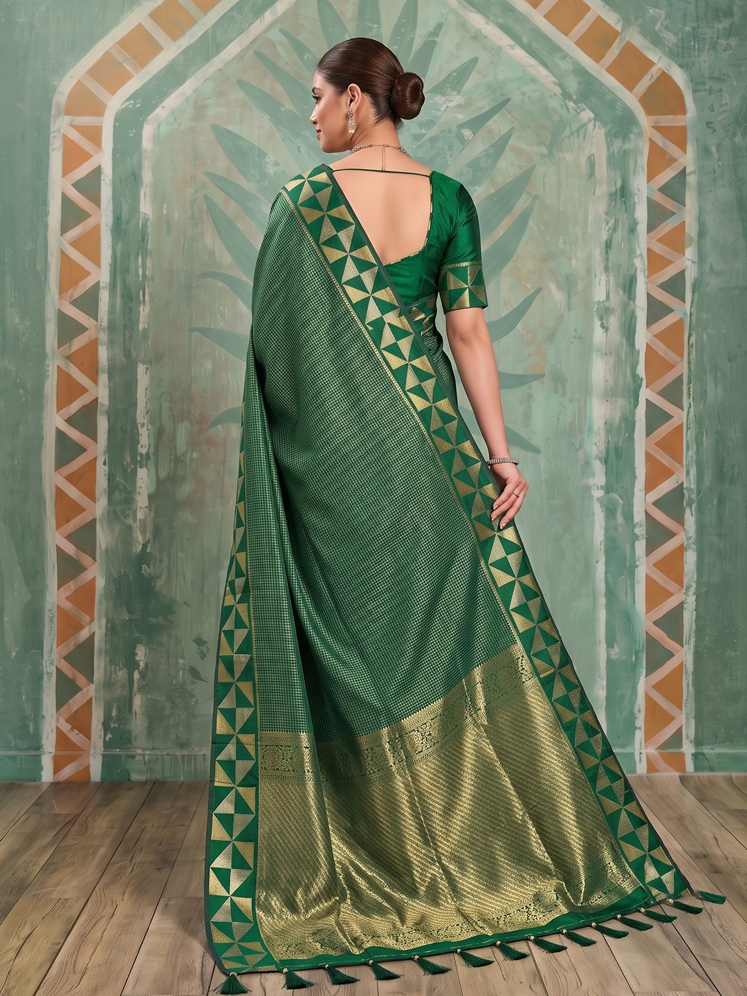 Green Checked Zari Art Silk Saree — alternate view