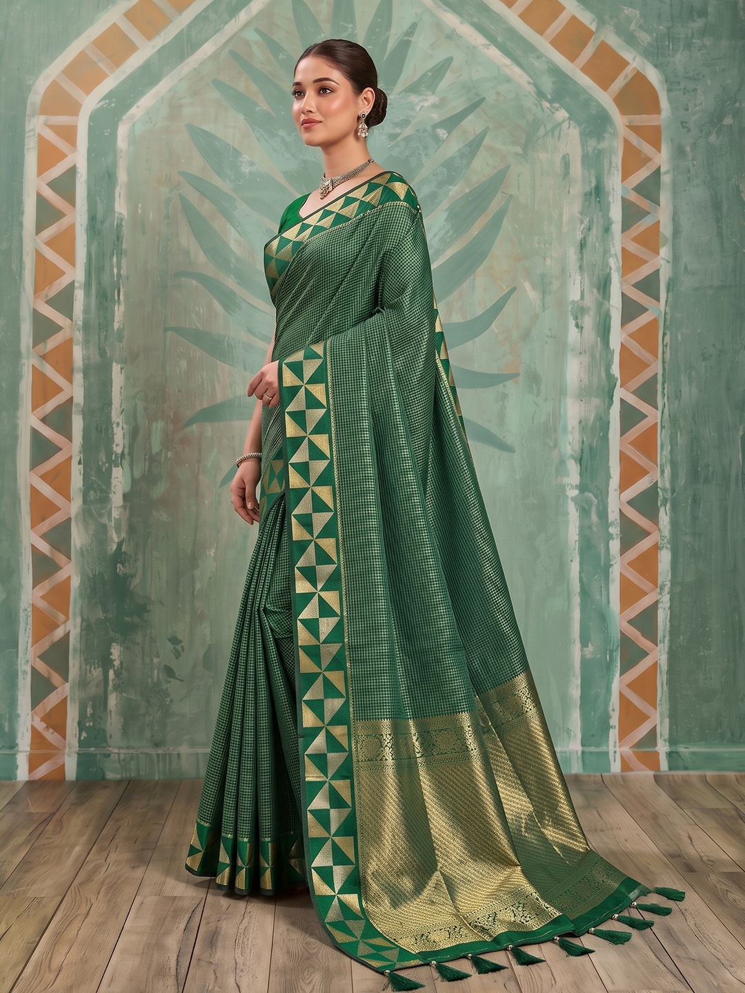 Green Checked Zari Art Silk Saree