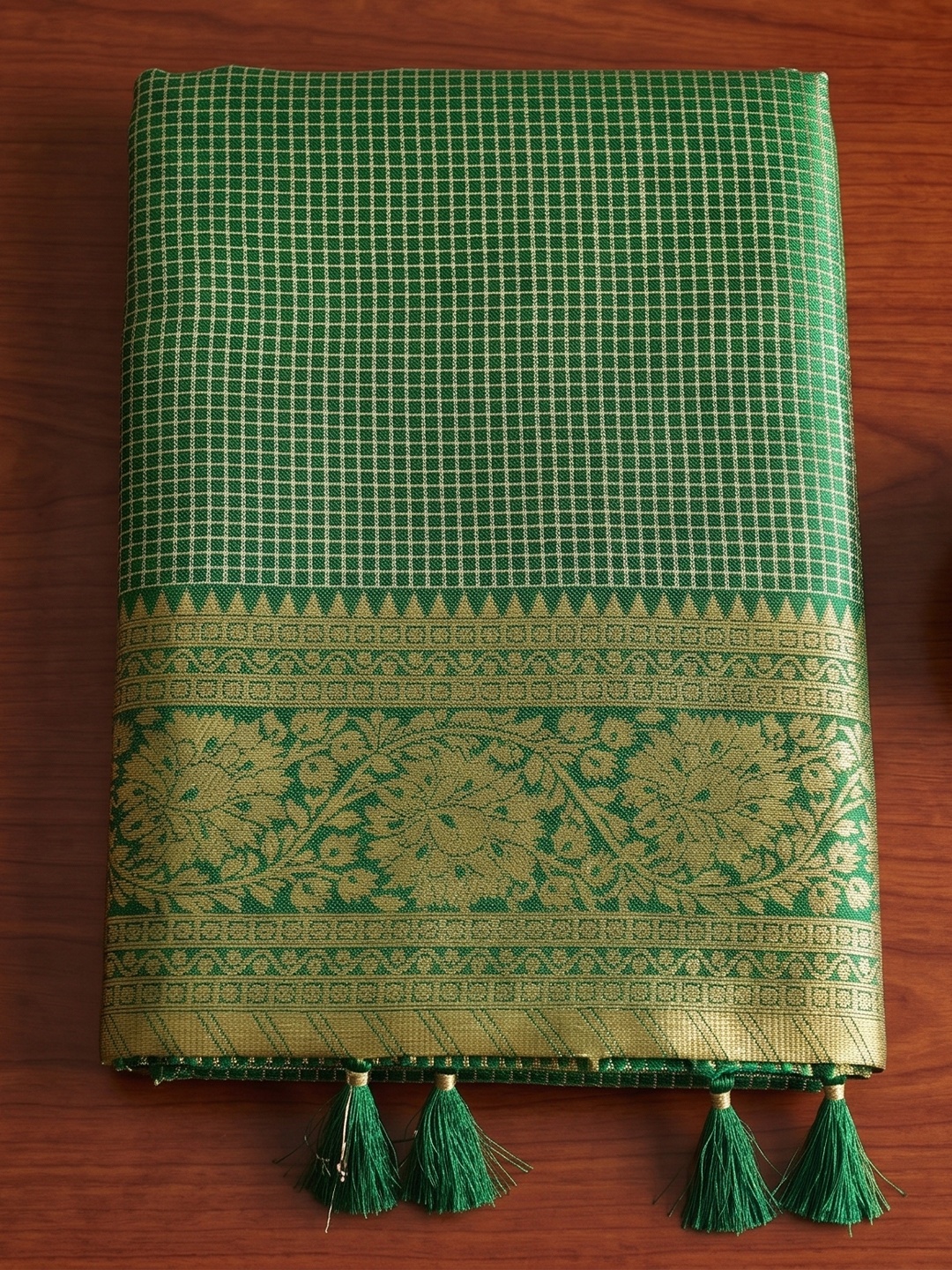Green Checked Zari Art Silk Saree
