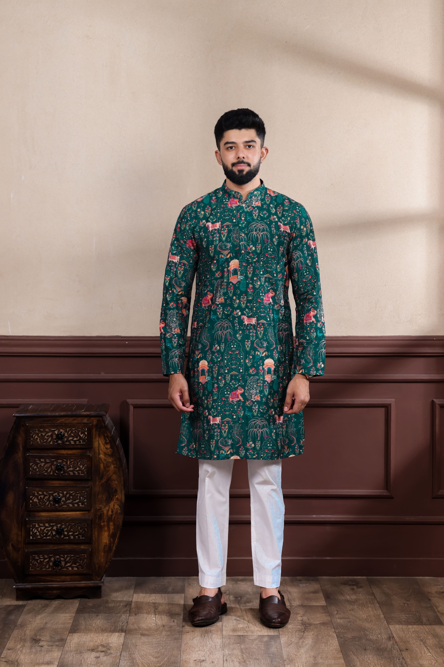 Green Checks Printed Cotton Kurta Pyjama