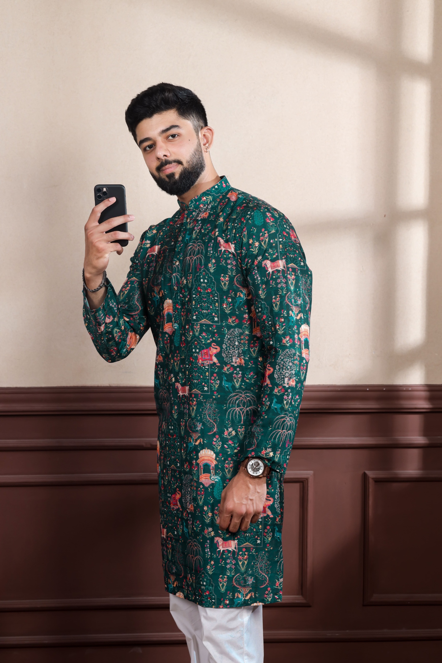 Green Checks Printed Cotton Kurta Pyjama